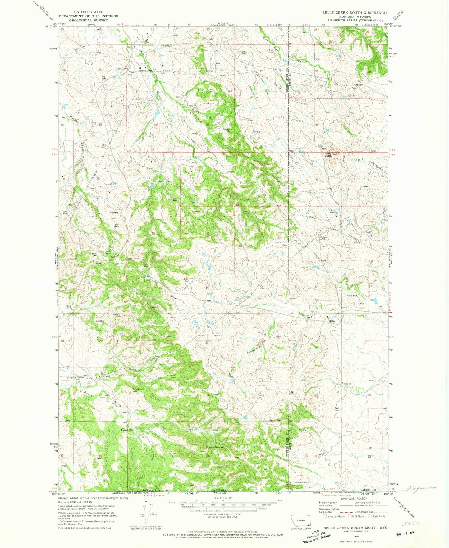 Classic USGS Belle Creek South Montana 7.5'x7.5' Topo Map Image