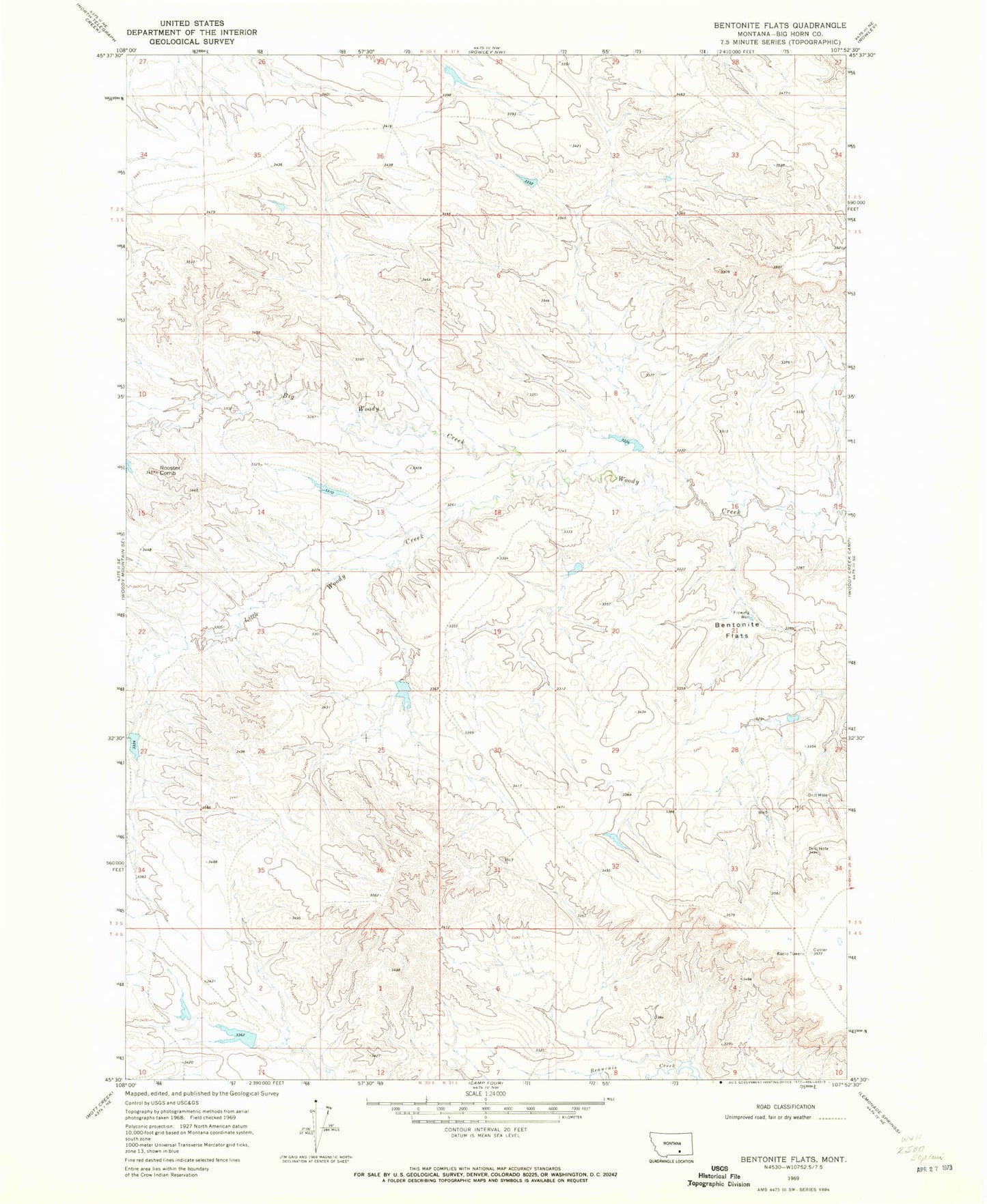 Classic USGS Bentonite Flats Montana 7.5'x7.5' Topo Map Image