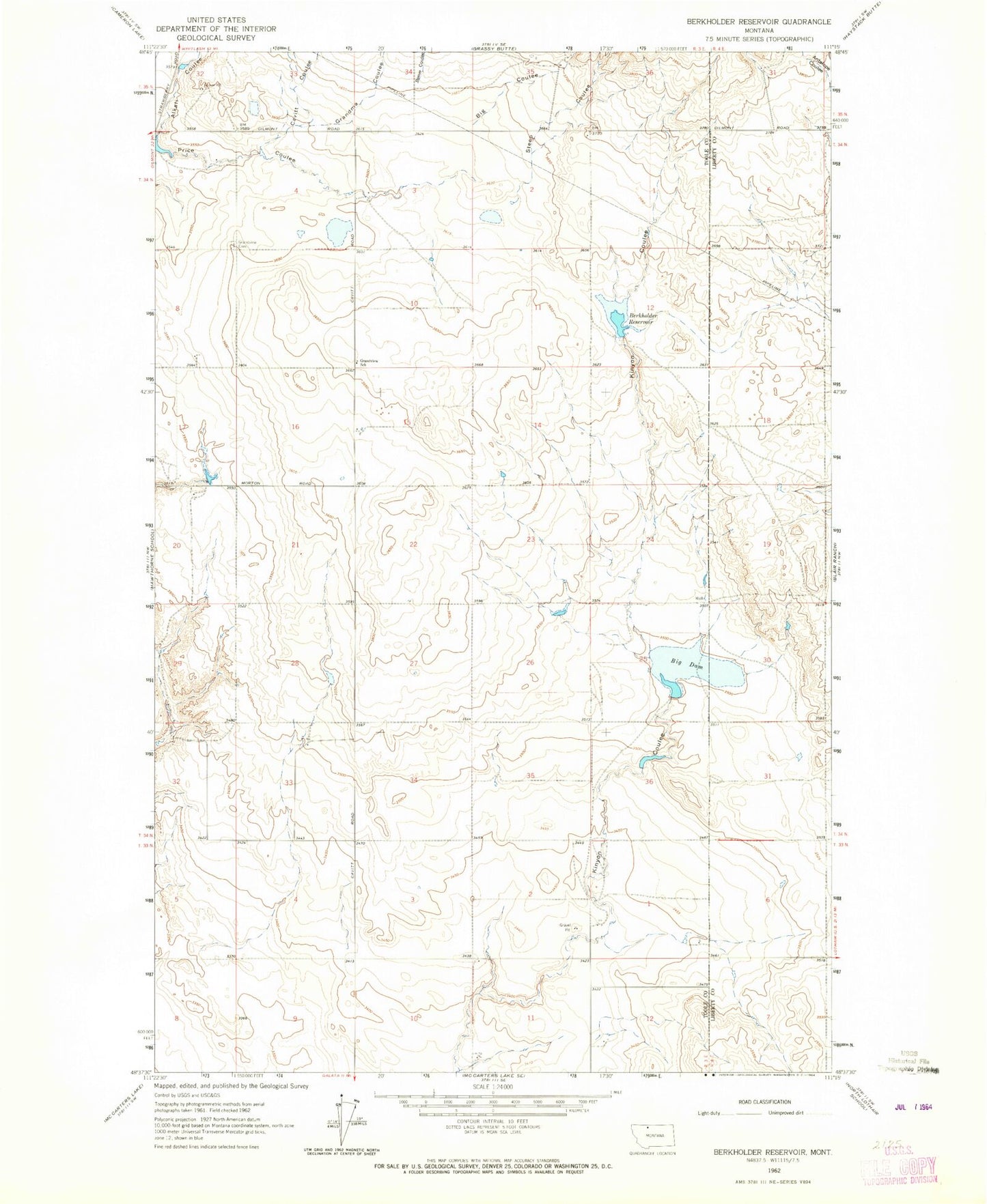 Classic USGS Berkholder Reservoir Montana 7.5'x7.5' Topo Map Image