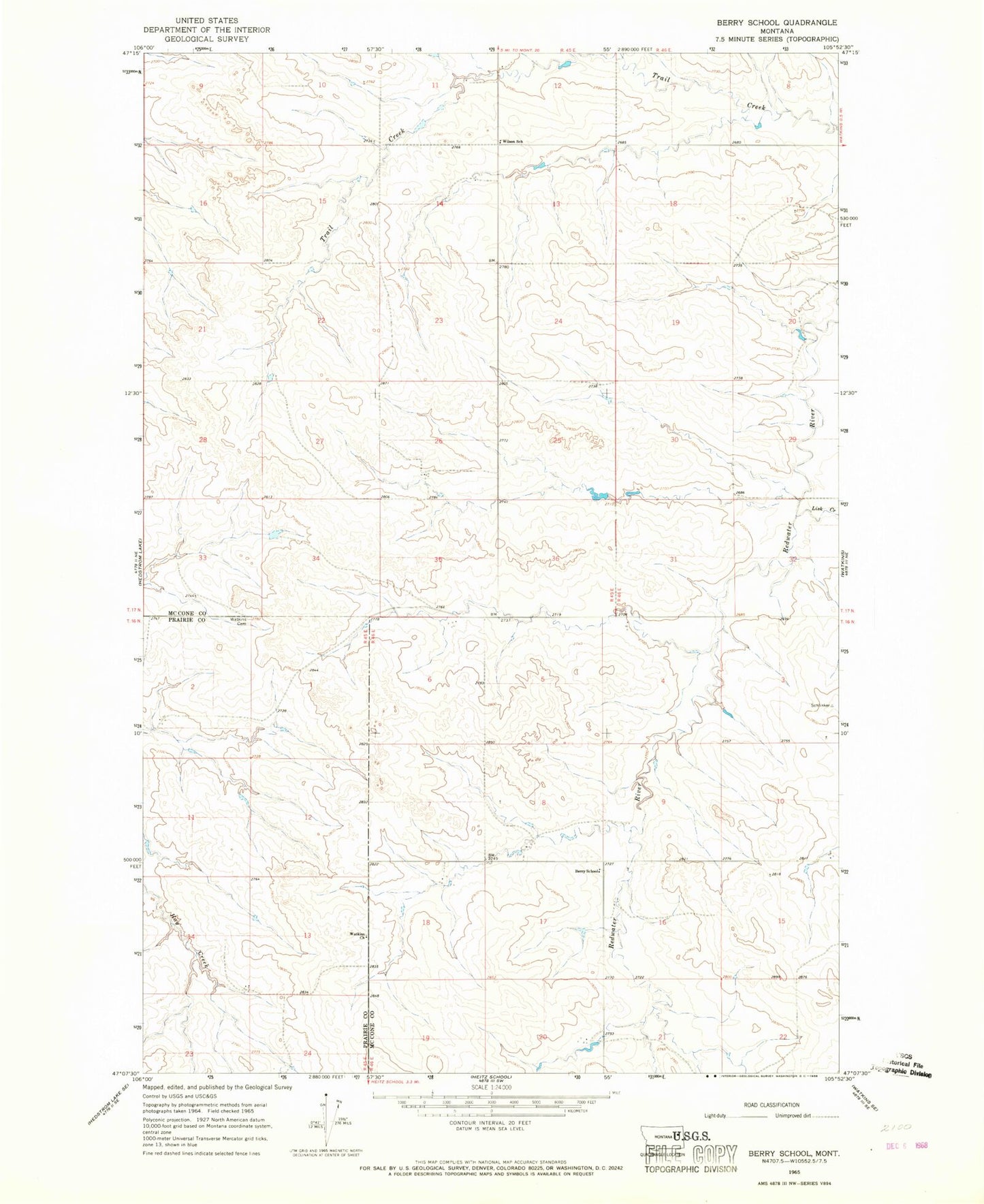 Classic USGS Berry School Montana 7.5'x7.5' Topo Map Image