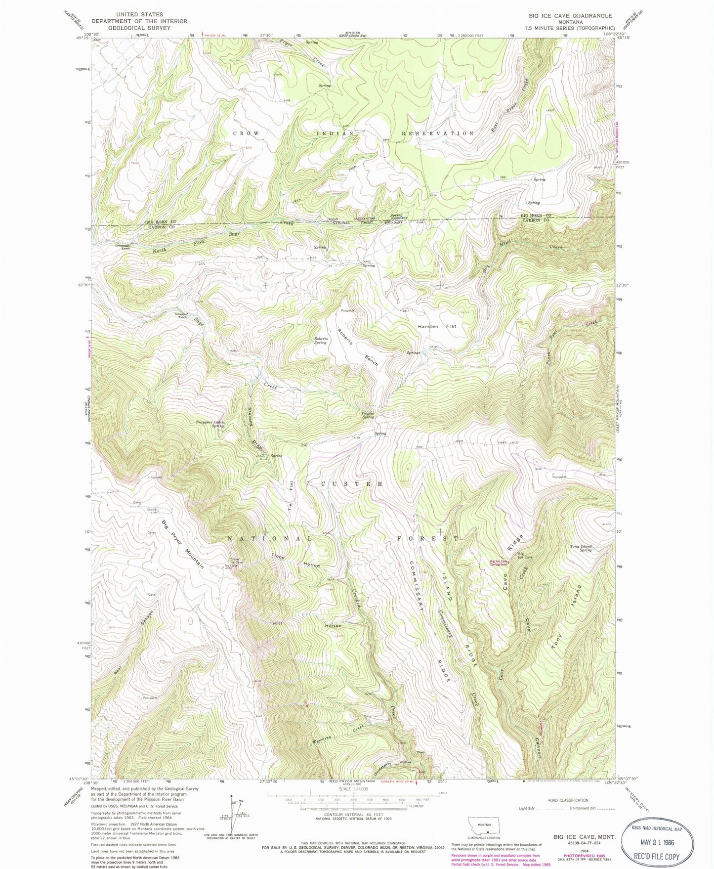 Classic USGS Big Ice Cave Montana 7.5'x7.5' Topo Map Image