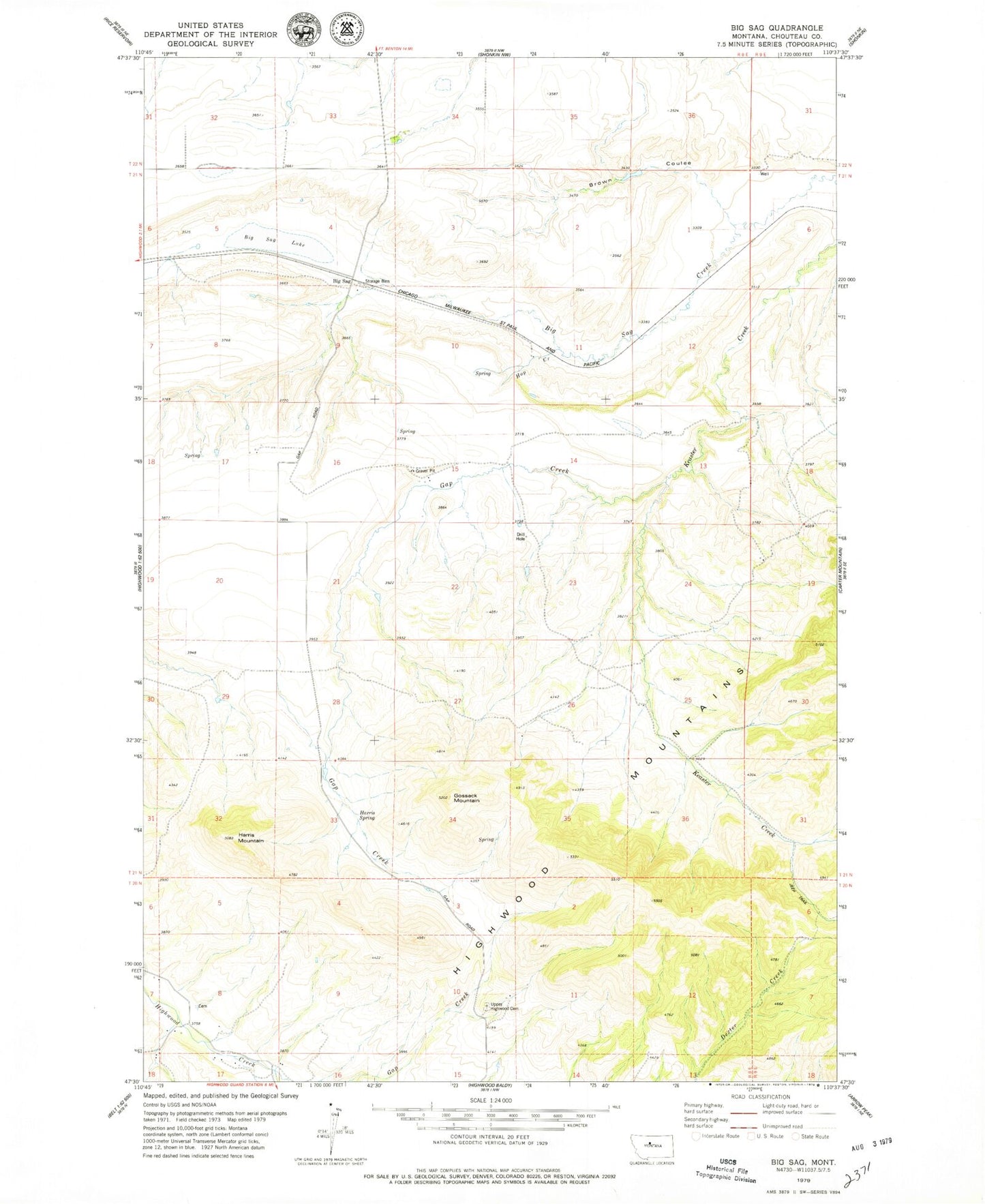Classic USGS Big Sag Montana 7.5'x7.5' Topo Map Image