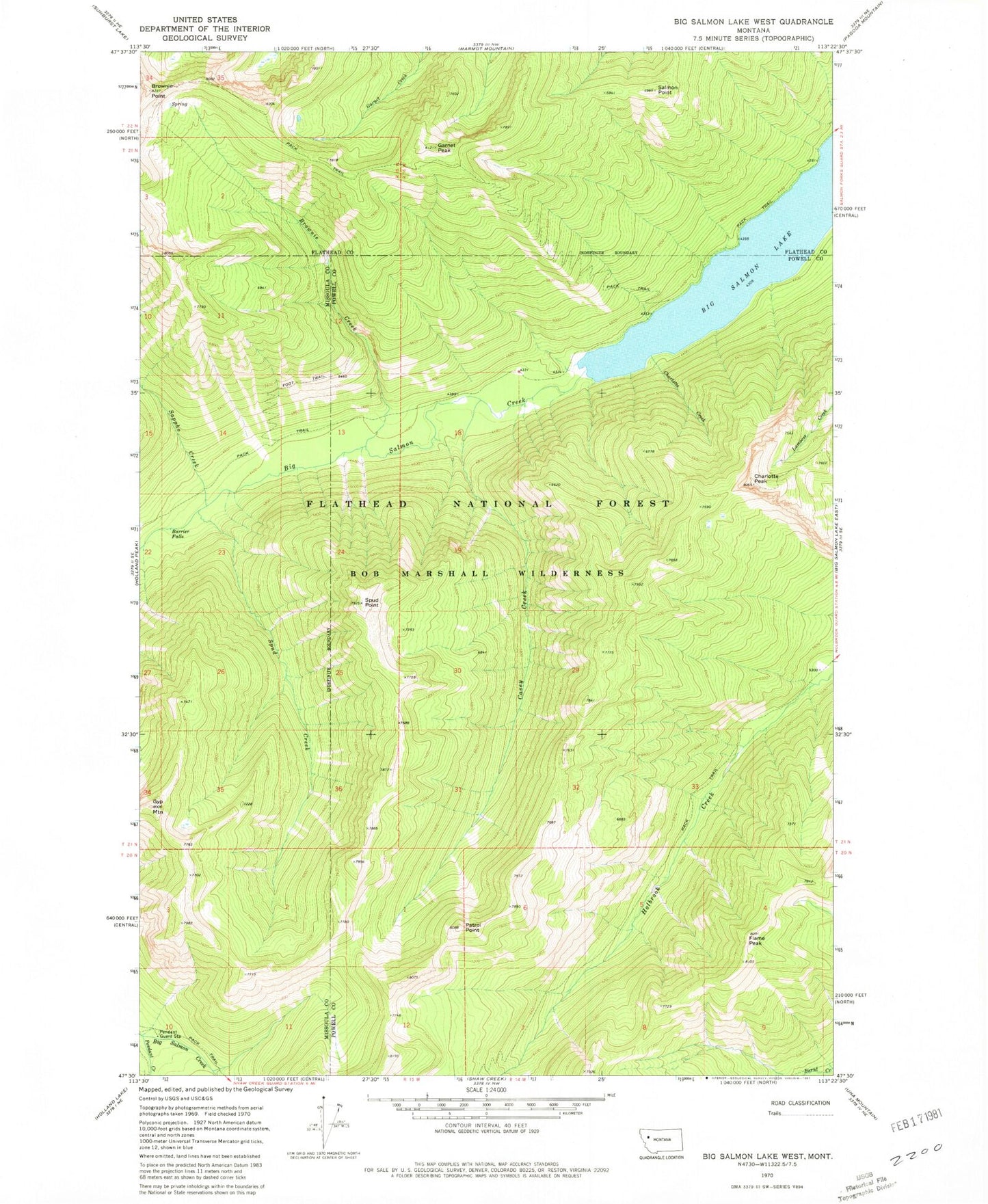 Classic USGS Big Salmon Lake West Montana 7.5'x7.5' Topo Map Image