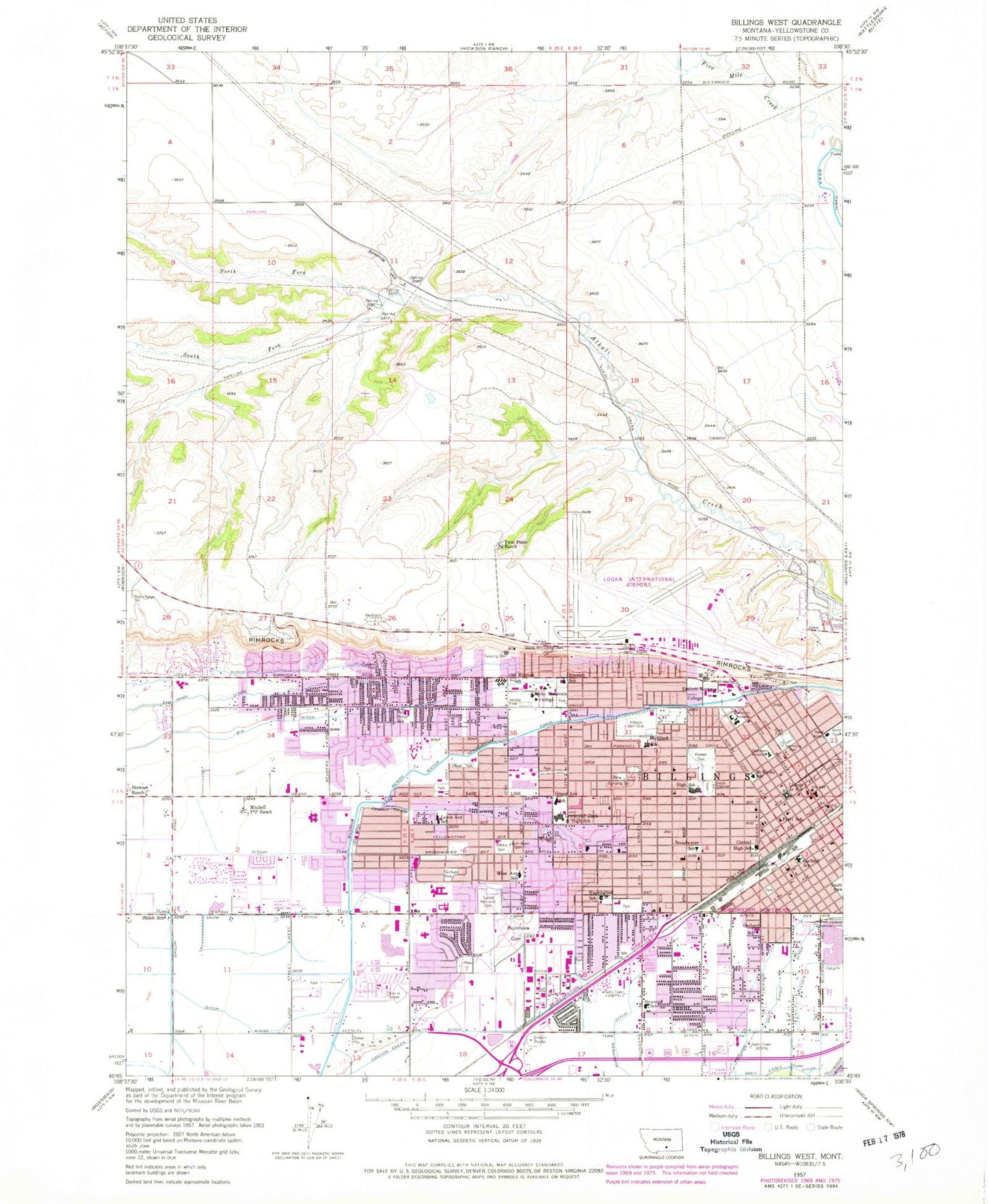 Classic USGS Billings West Montana 7.5'x7.5' Topo Map Image