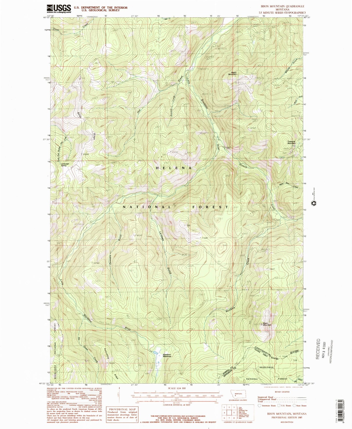 Classic USGS Bison Mountain Montana 7.5'x7.5' Topo Map Image