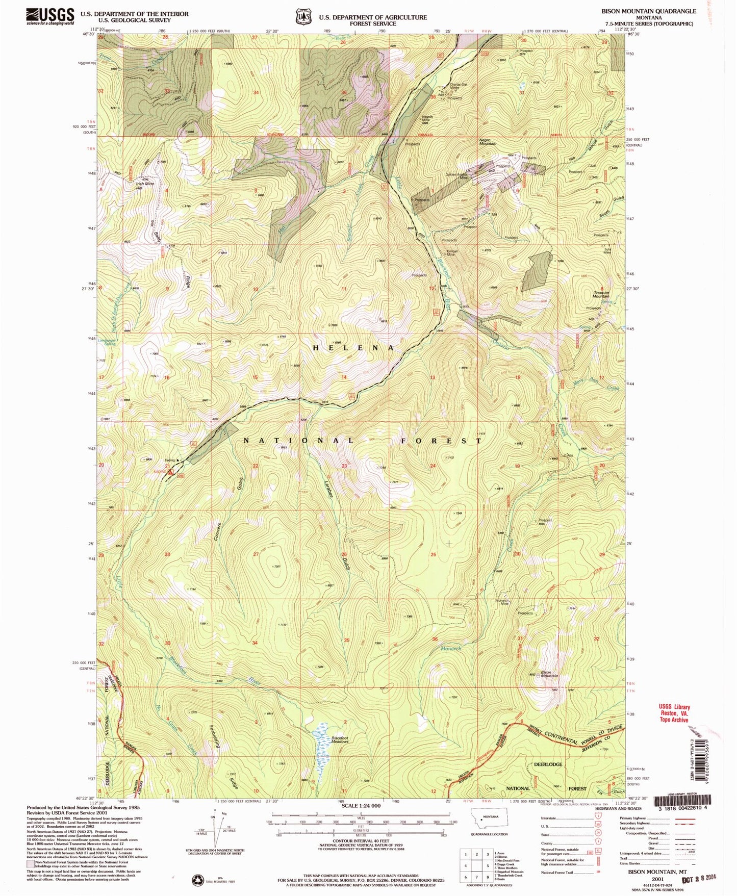 Classic USGS Bison Mountain Montana 7.5'x7.5' Topo Map Image