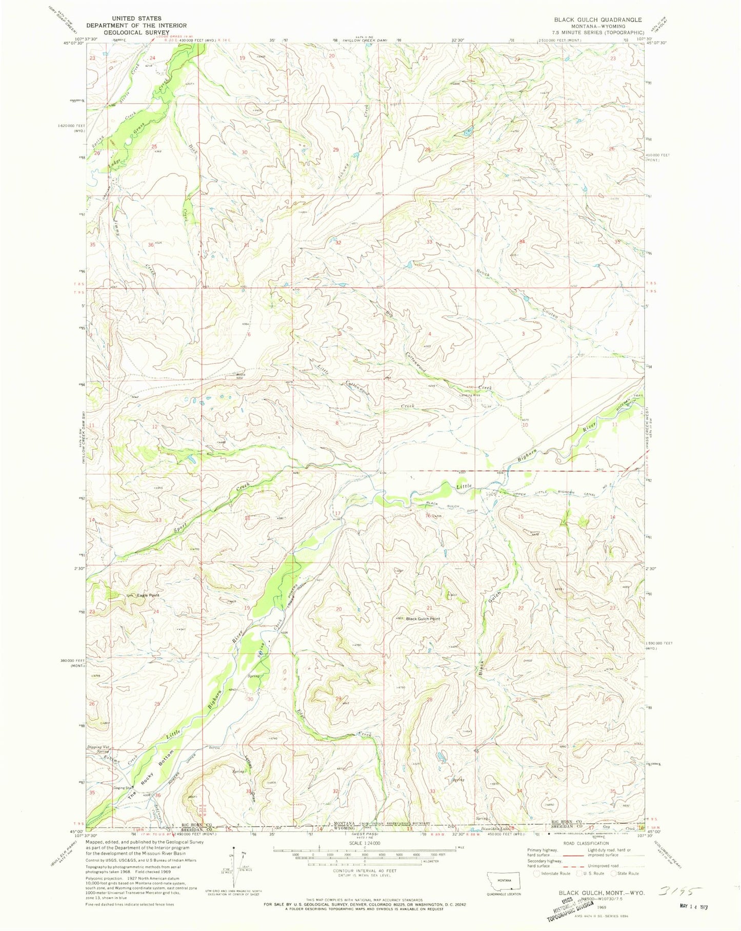Classic USGS Black Gulch Montana 7.5'x7.5' Topo Map Image