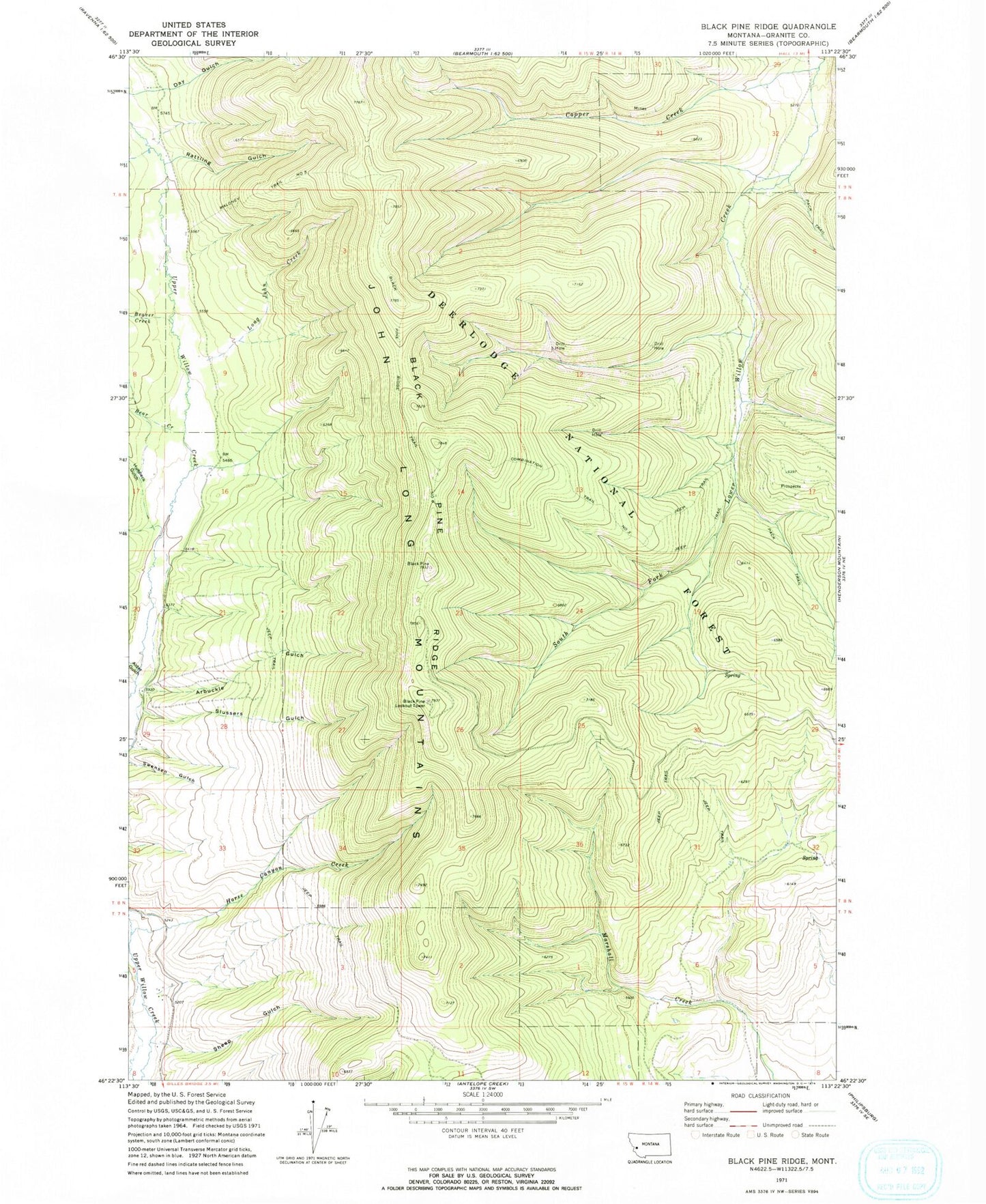 Classic USGS Black Pine Ridge Montana 7.5'x7.5' Topo Map Image