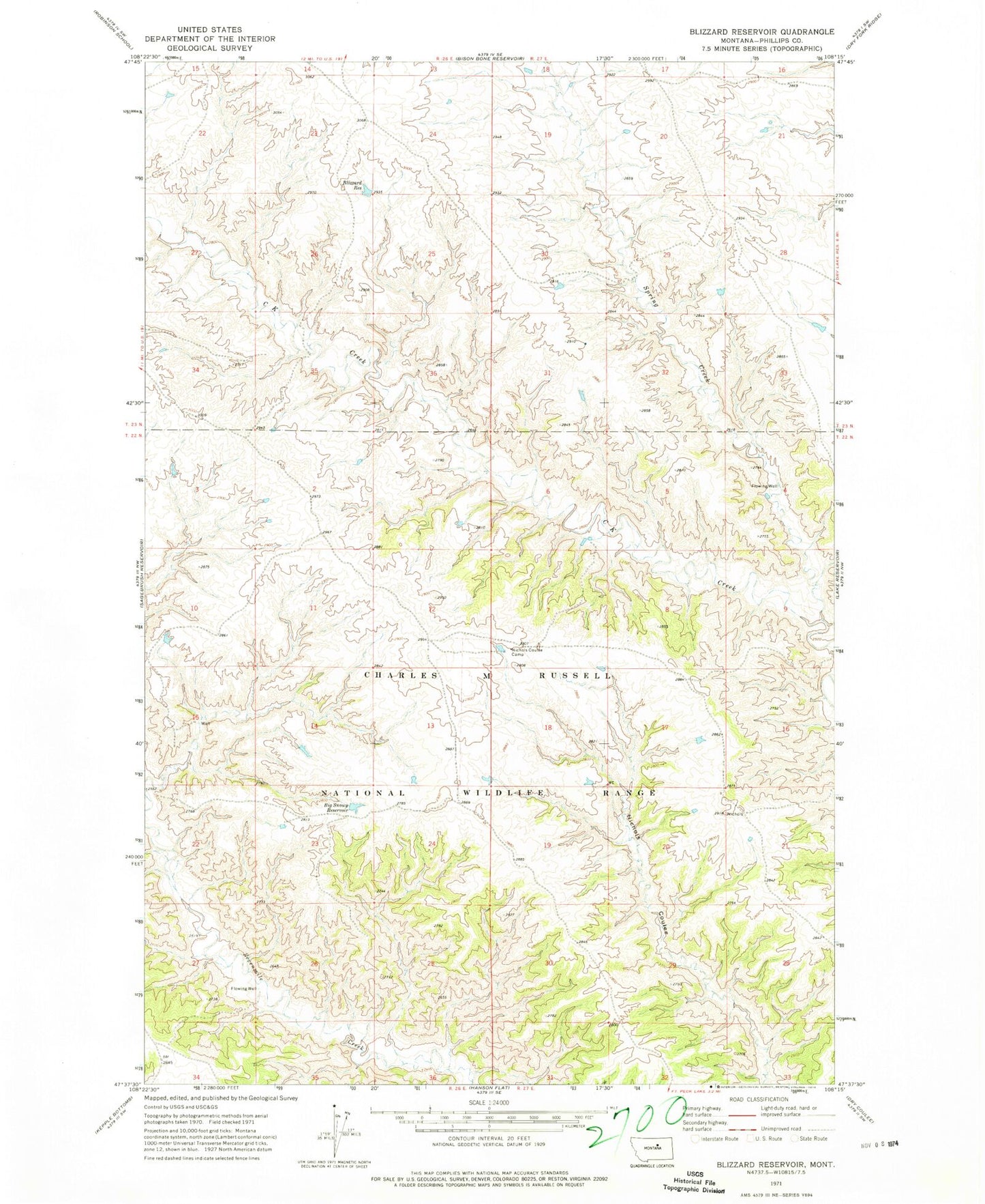 Classic USGS Blizzard Reservoir Montana 7.5'x7.5' Topo Map Image