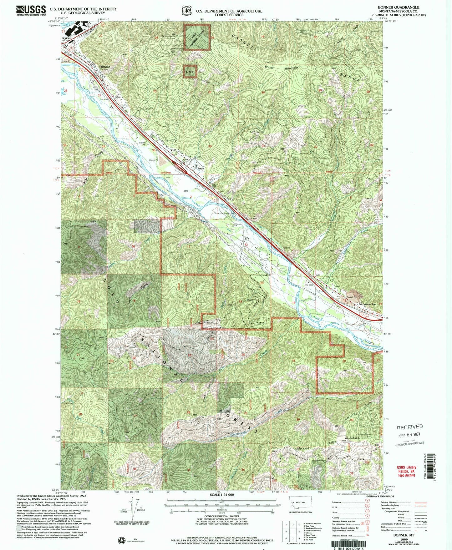 Classic USGS Bonner Montana 7.5'x7.5' Topo Map Image