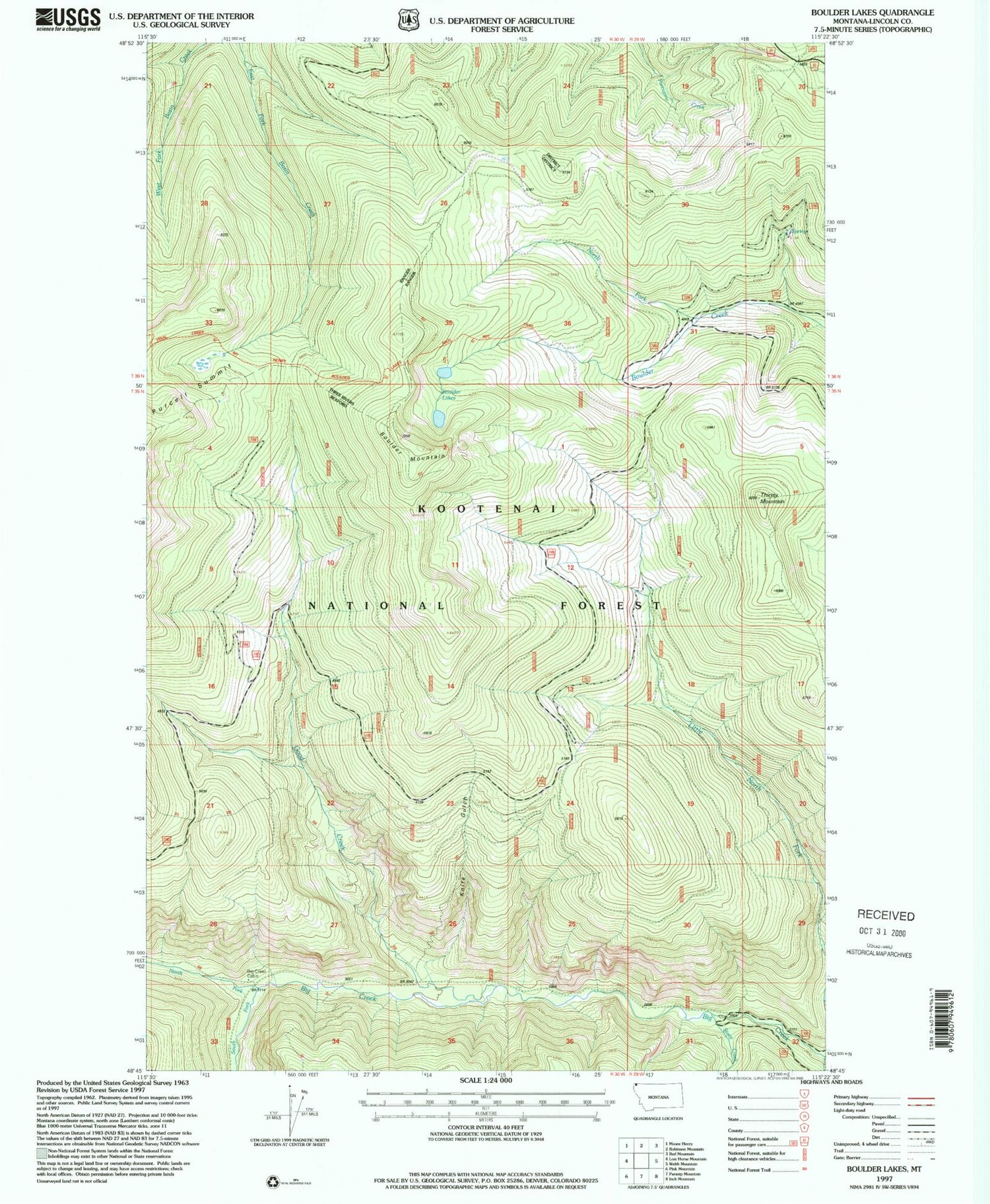 Classic USGS Boulder Lakes Montana 7.5'x7.5' Topo Map Image