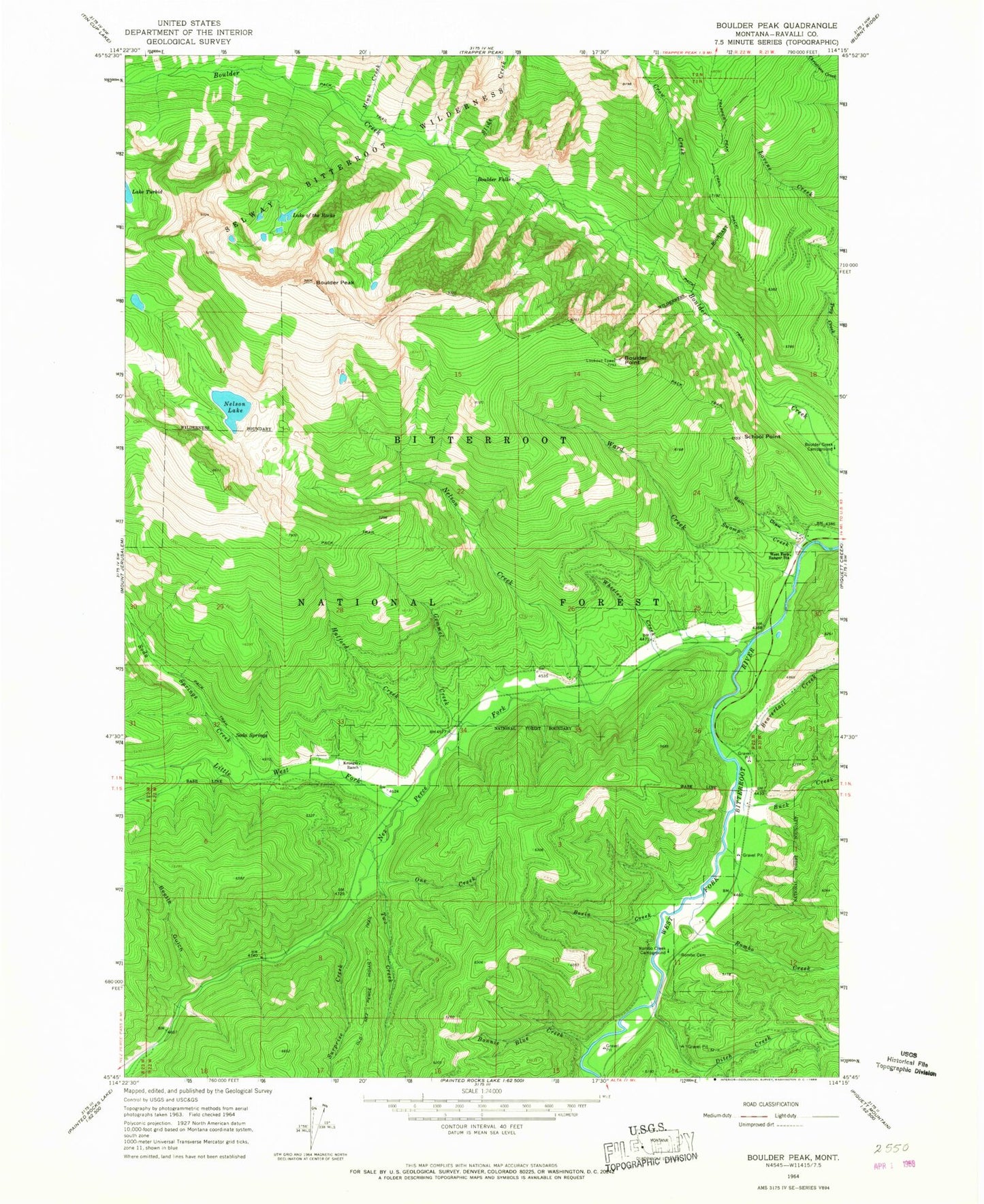 Classic USGS Boulder Peak Montana 7.5'x7.5' Topo Map Image