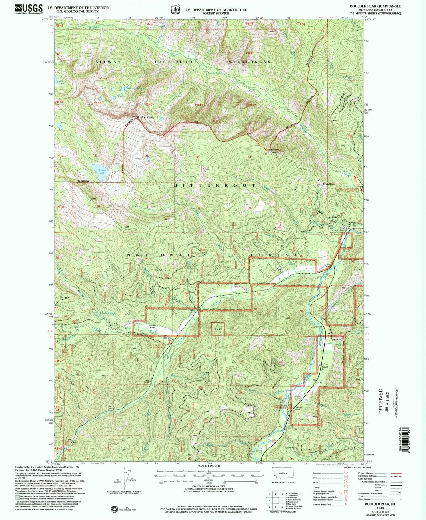 Classic USGS Boulder Peak Montana 7.5'x7.5' Topo Map Image