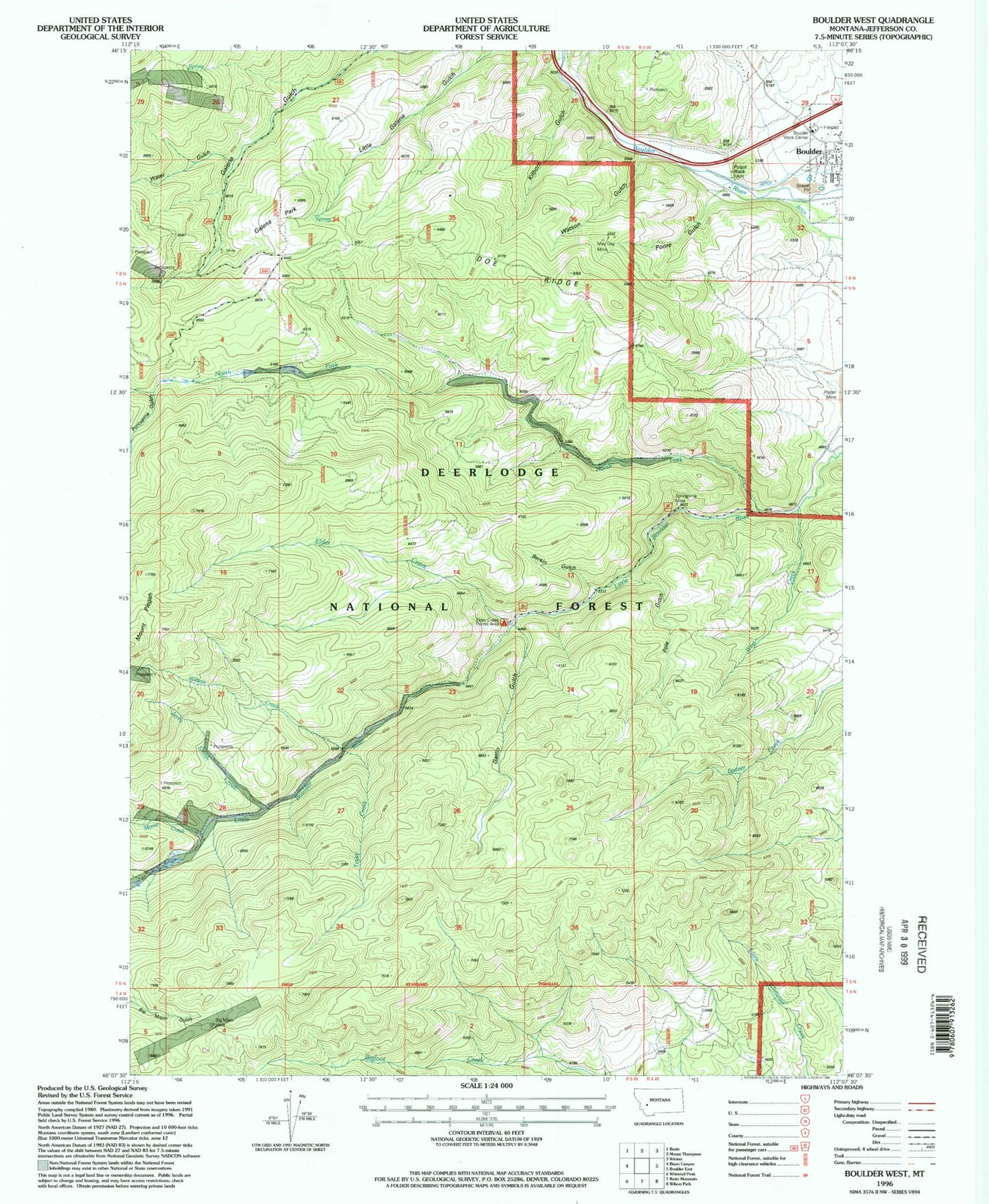 Classic USGS Boulder West Montana 7.5'x7.5' Topo Map Image