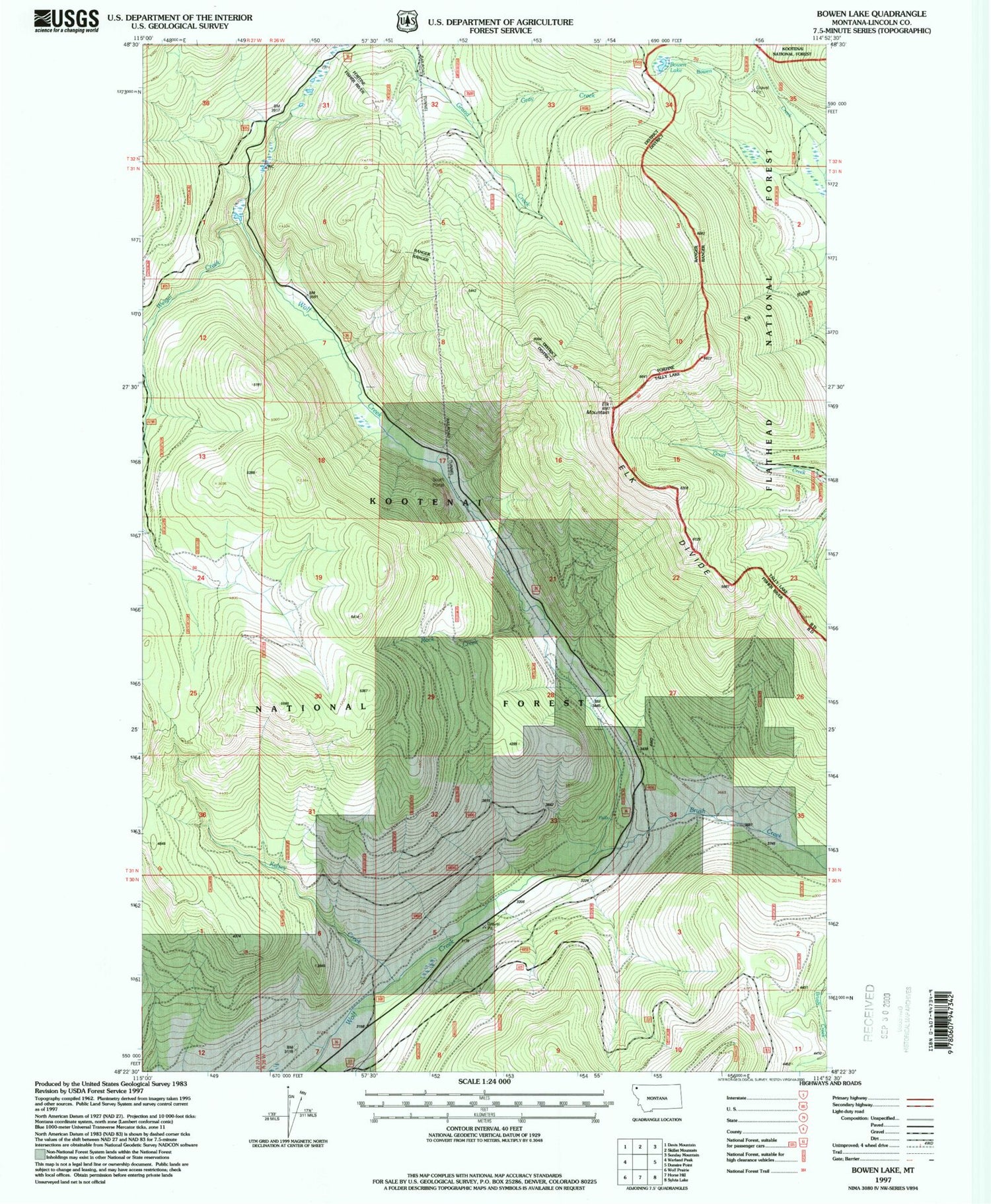 Classic USGS Bowen Lake Montana 7.5'x7.5' Topo Map Image