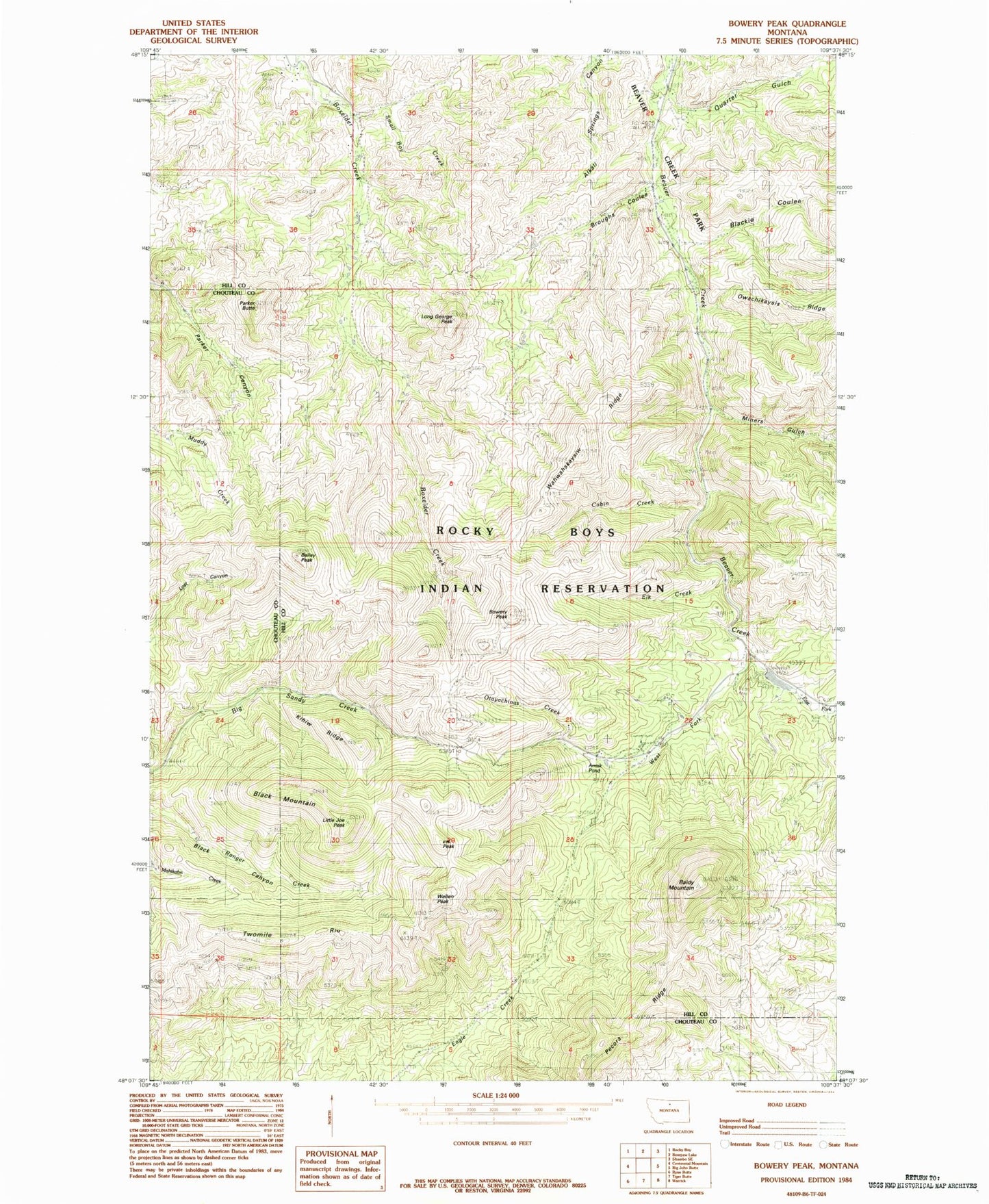 Classic USGS Bowery Peak Montana 7.5'x7.5' Topo Map Image