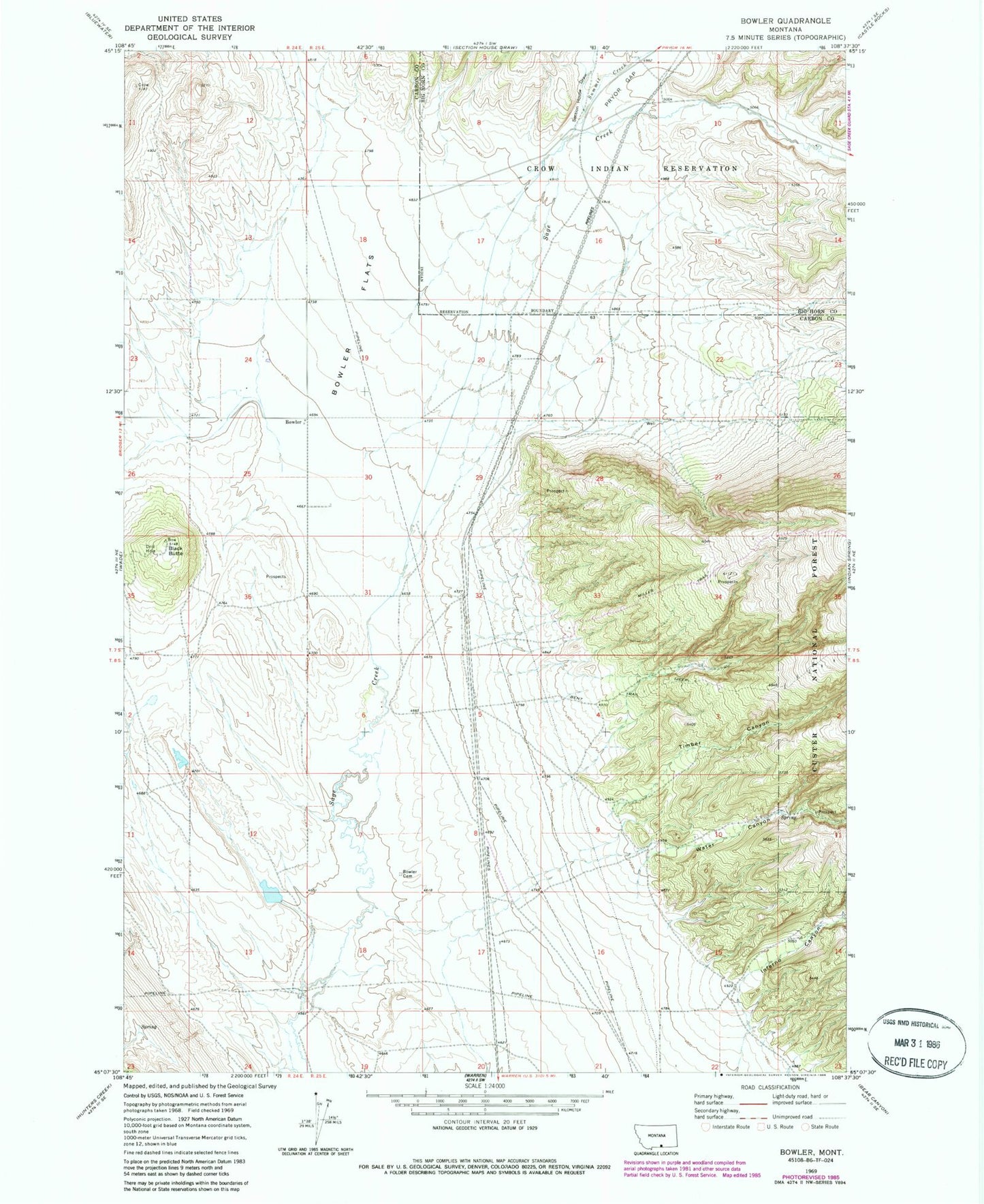 Classic USGS Bowler Montana 7.5'x7.5' Topo Map Image