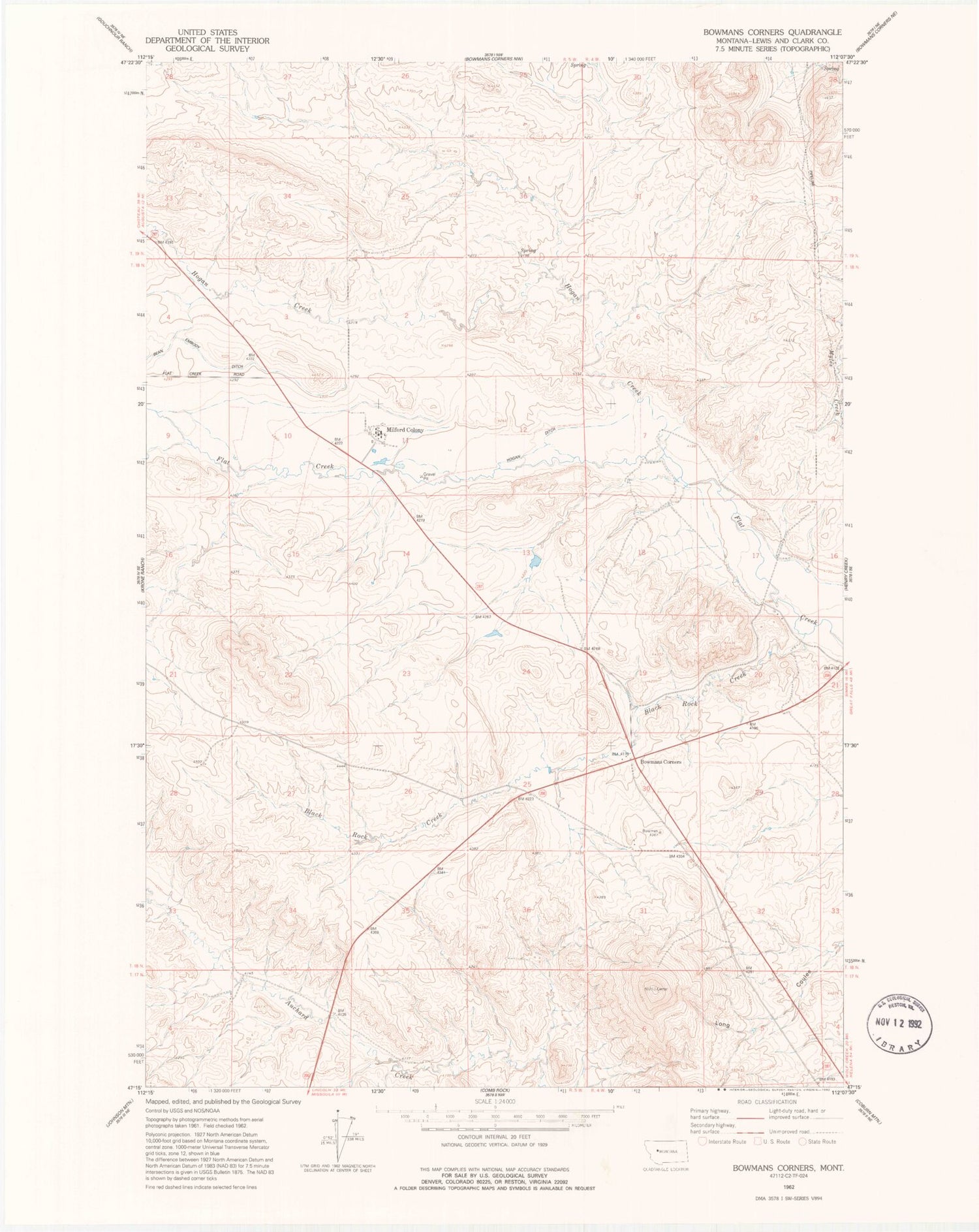 Classic USGS Bowmans Corners Montana 7.5'x7.5' Topo Map Image