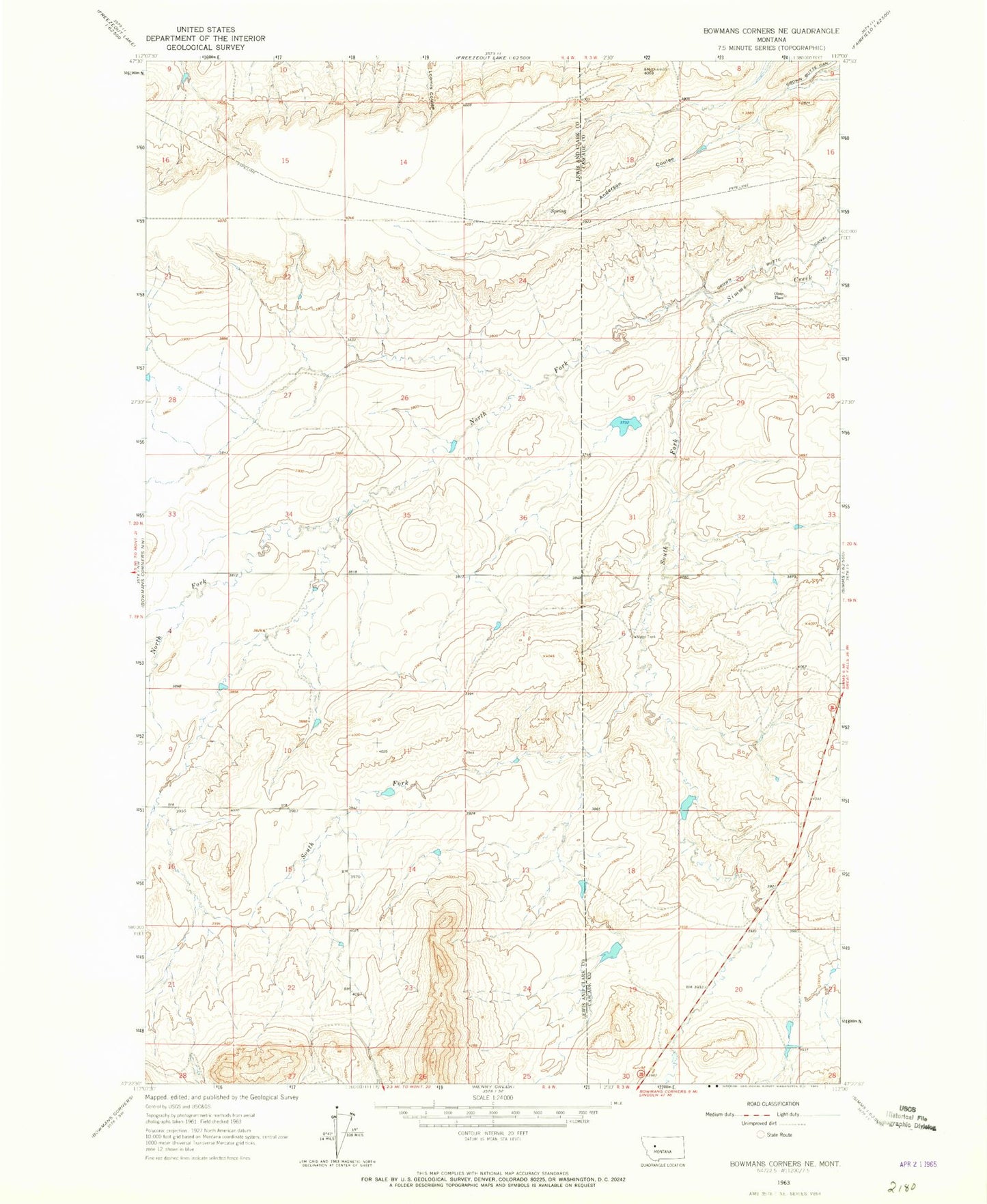 Classic USGS Bowmans Corners NE Montana 7.5'x7.5' Topo Map Image