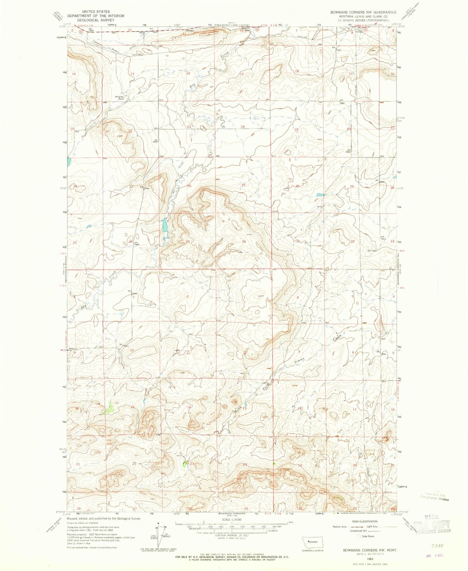 Classic USGS Bowmans Corners NW Montana 7.5'x7.5' Topo Map Image
