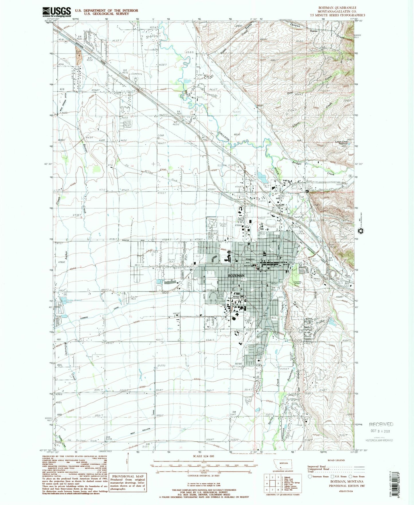 Classic USGS Bozeman Montana 7.5'x7.5' Topo Map Image