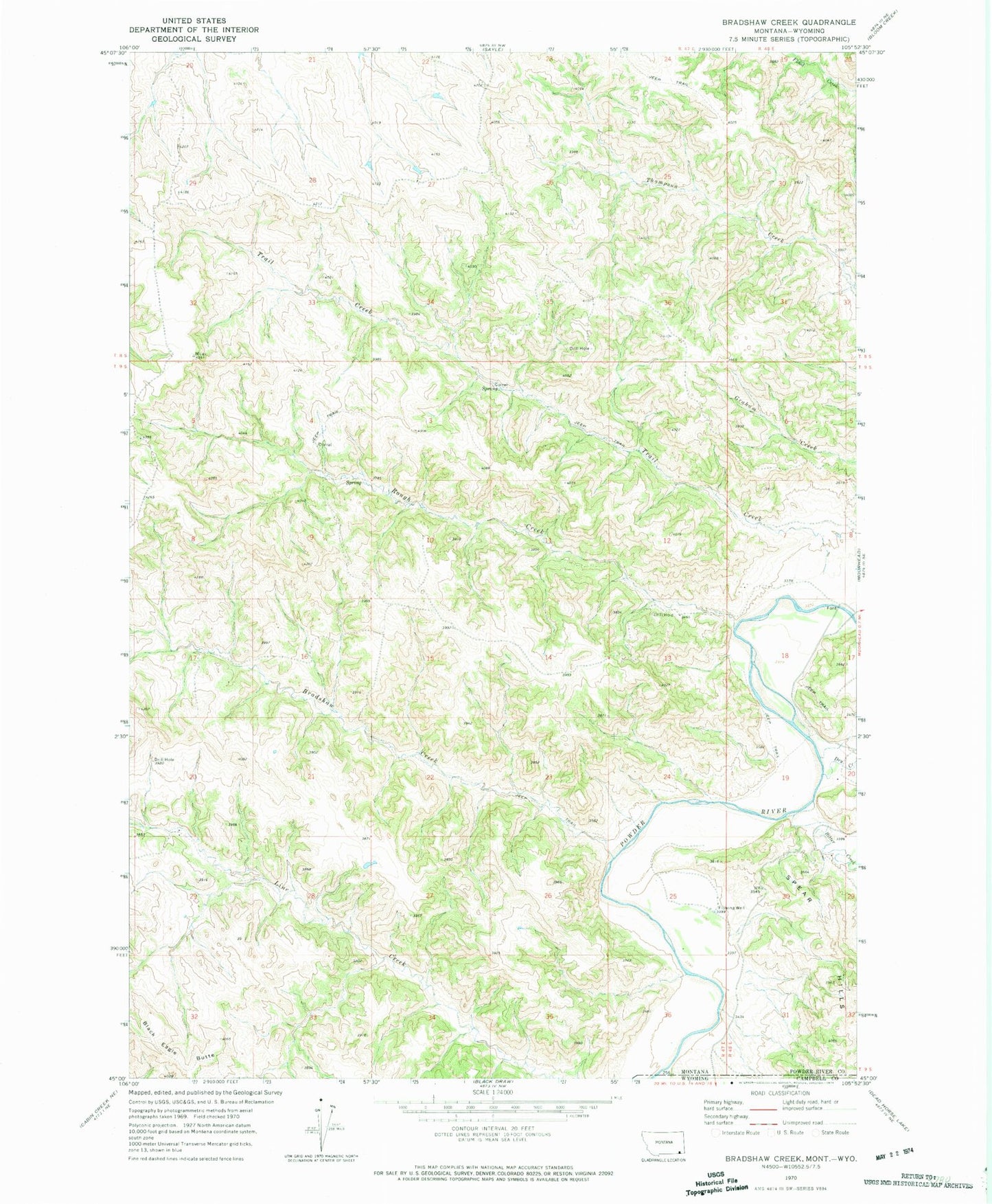 Classic USGS Bradshaw Creek Montana 7.5'x7.5' Topo Map Image
