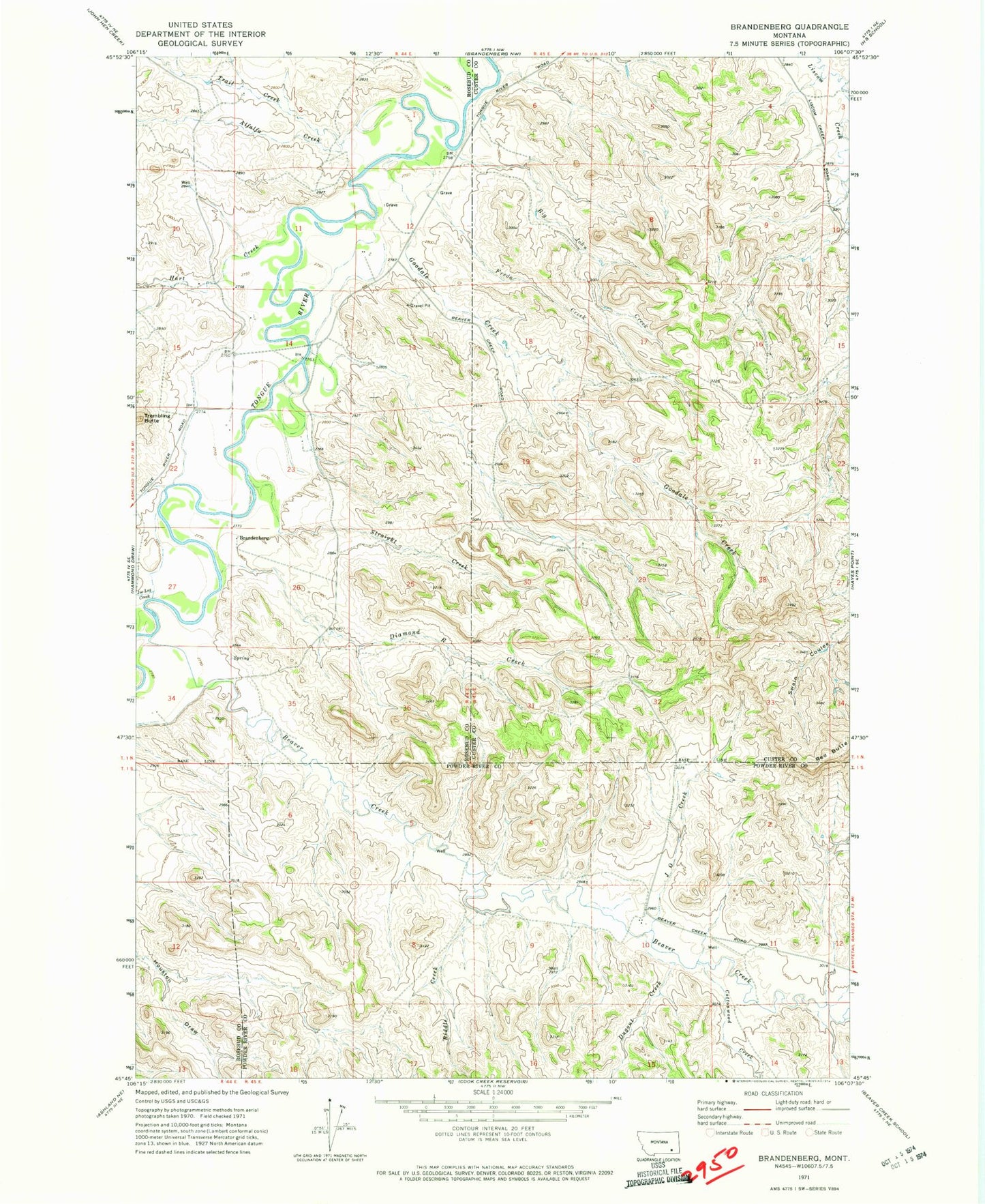 Classic USGS Brandenberg Montana 7.5'x7.5' Topo Map Image