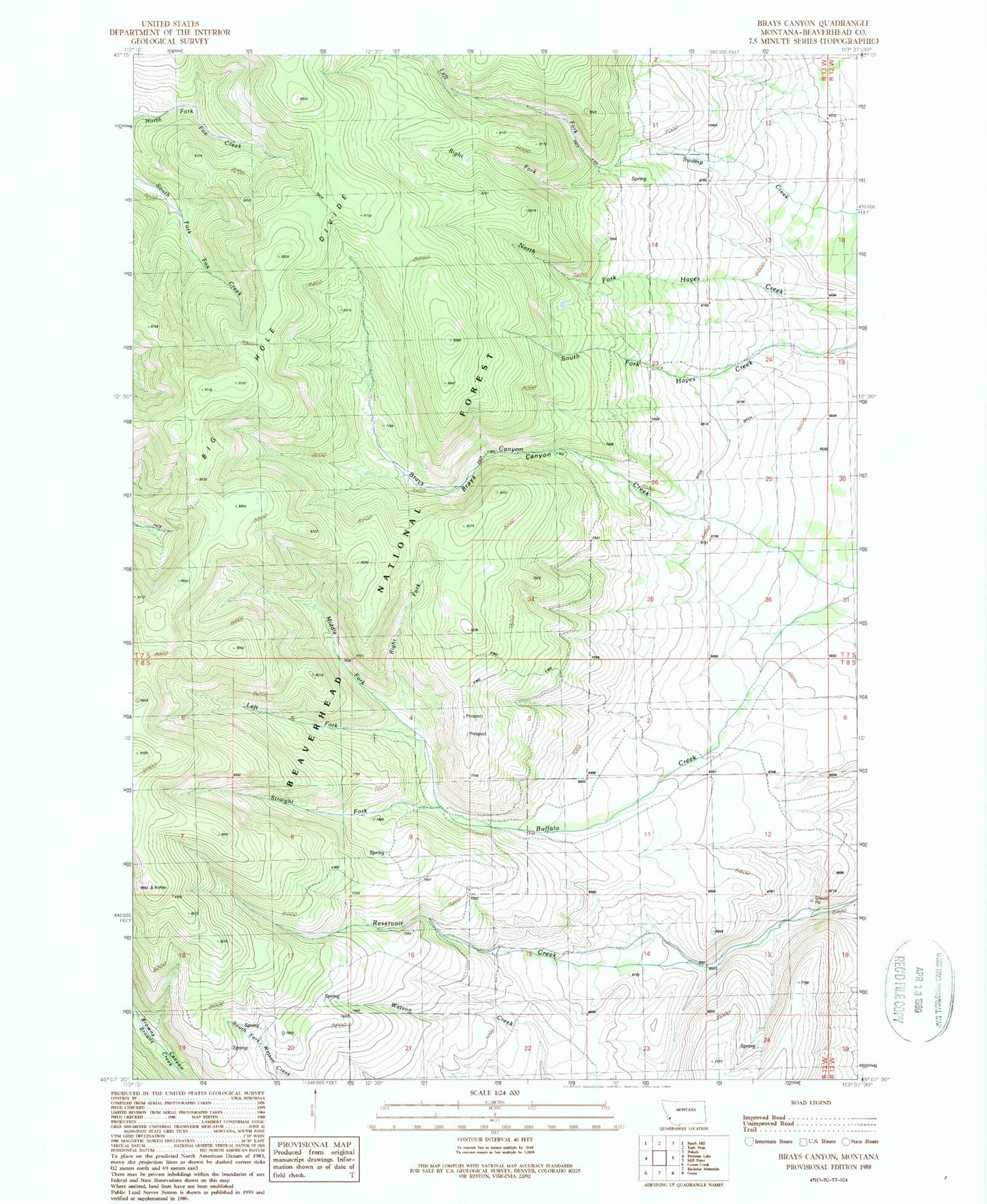 Classic USGS Brays Canyon Montana 7.5'x7.5' Topo Map Image