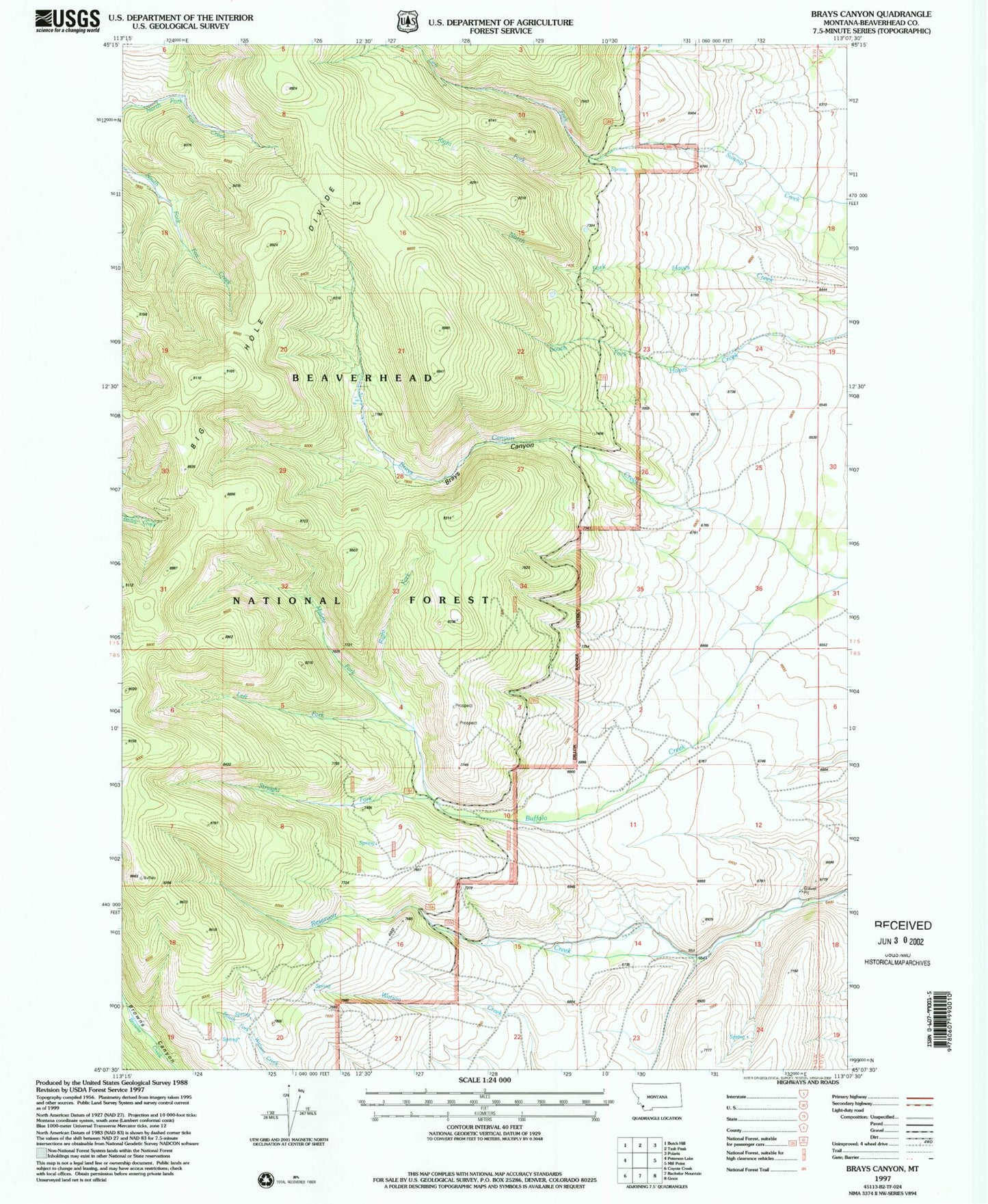 Classic USGS Brays Canyon Montana 7.5'x7.5' Topo Map Image