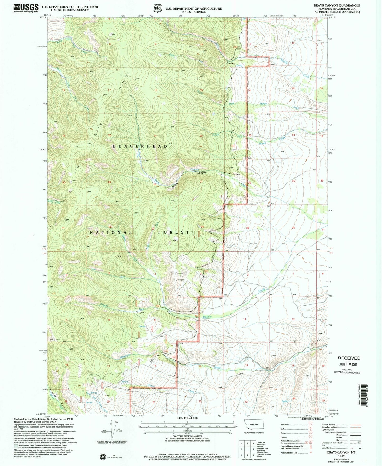 Classic USGS Brays Canyon Montana 7.5'x7.5' Topo Map Image