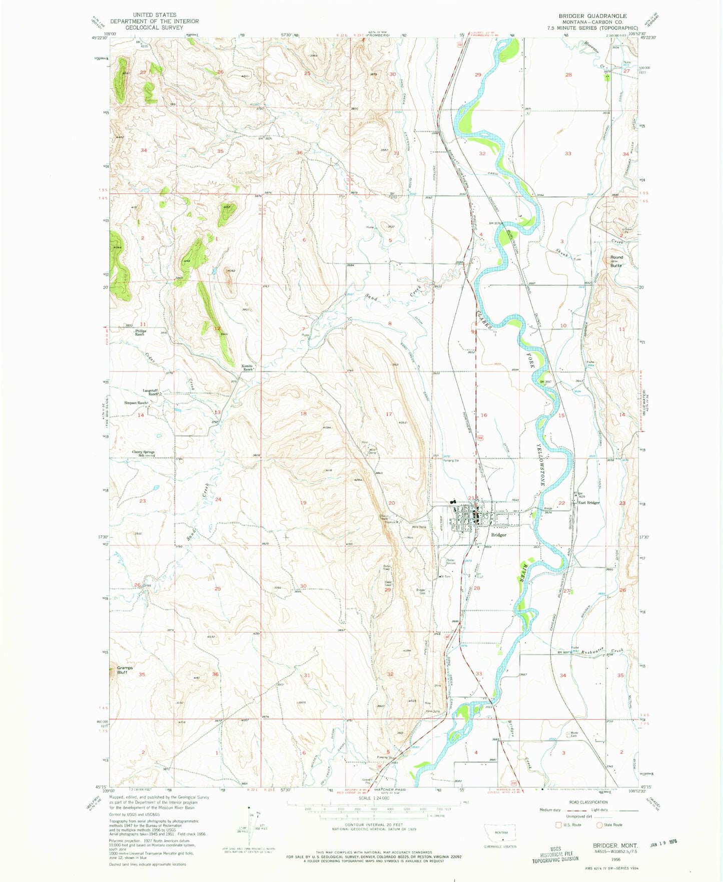 Classic USGS Bridger Montana 7.5'x7.5' Topo Map Image