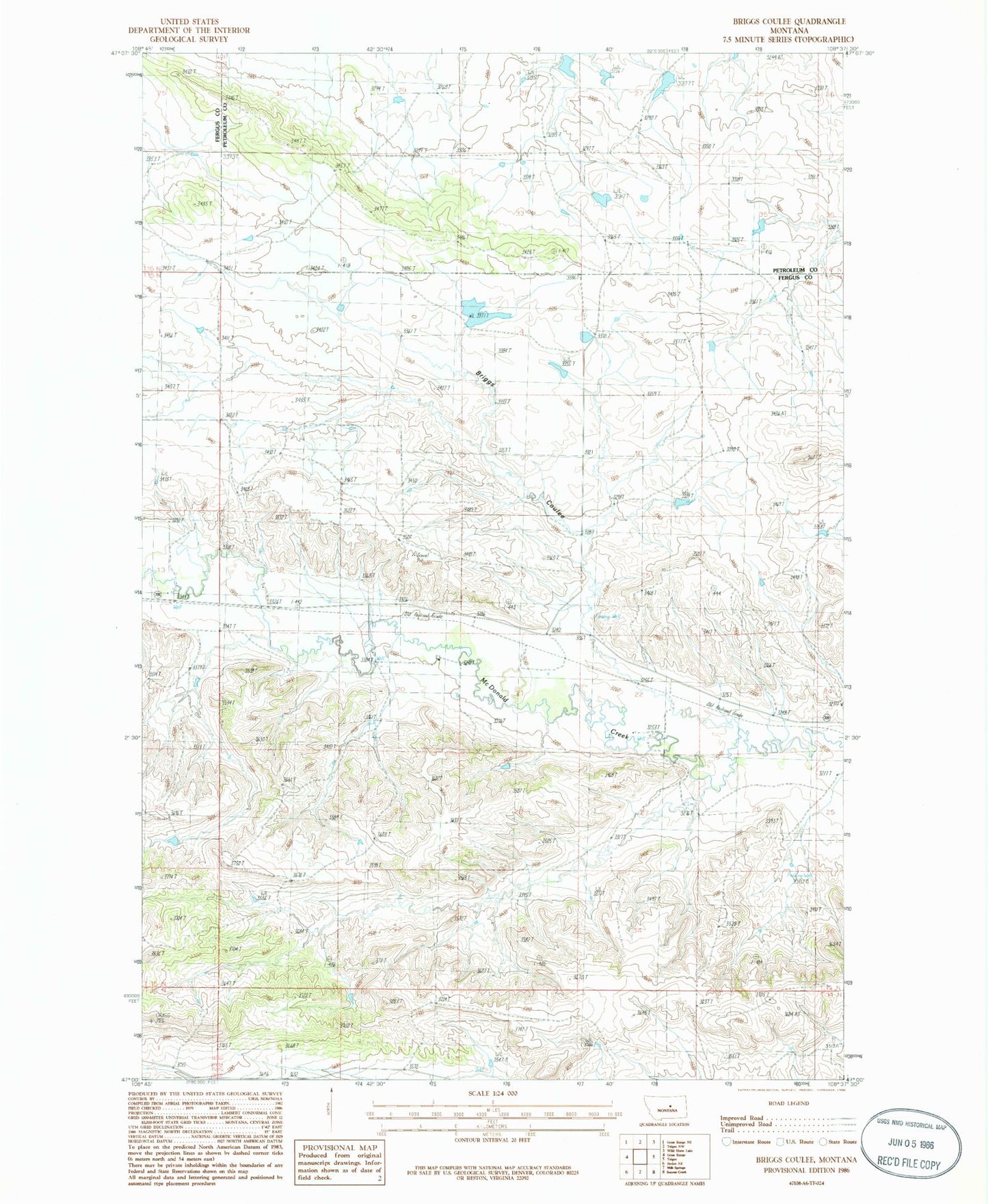 Classic USGS Briggs Coulee Montana 7.5'x7.5' Topo Map Image