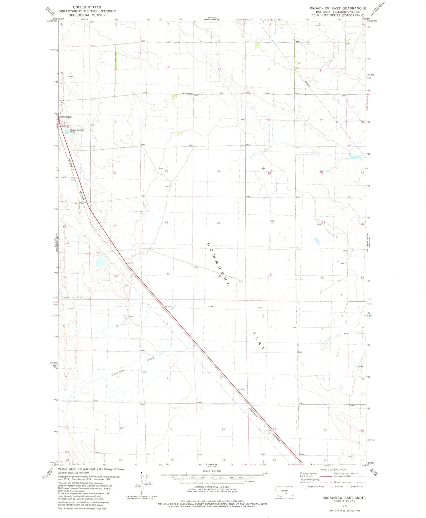 Classic USGS Broadview East Montana 7.5'x7.5' Topo Map Image