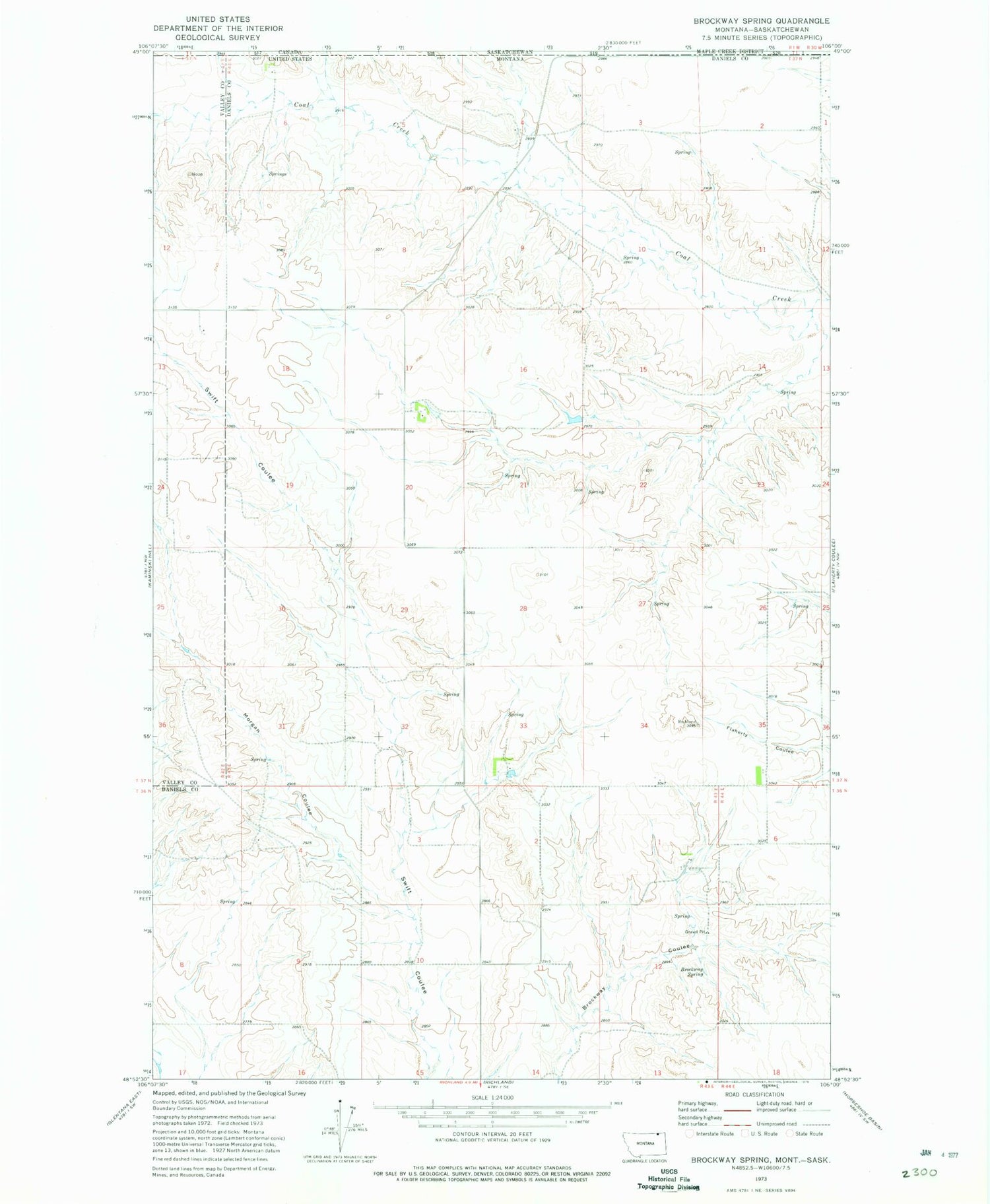 Classic USGS Brockway Spring Montana 7.5'x7.5' Topo Map Image