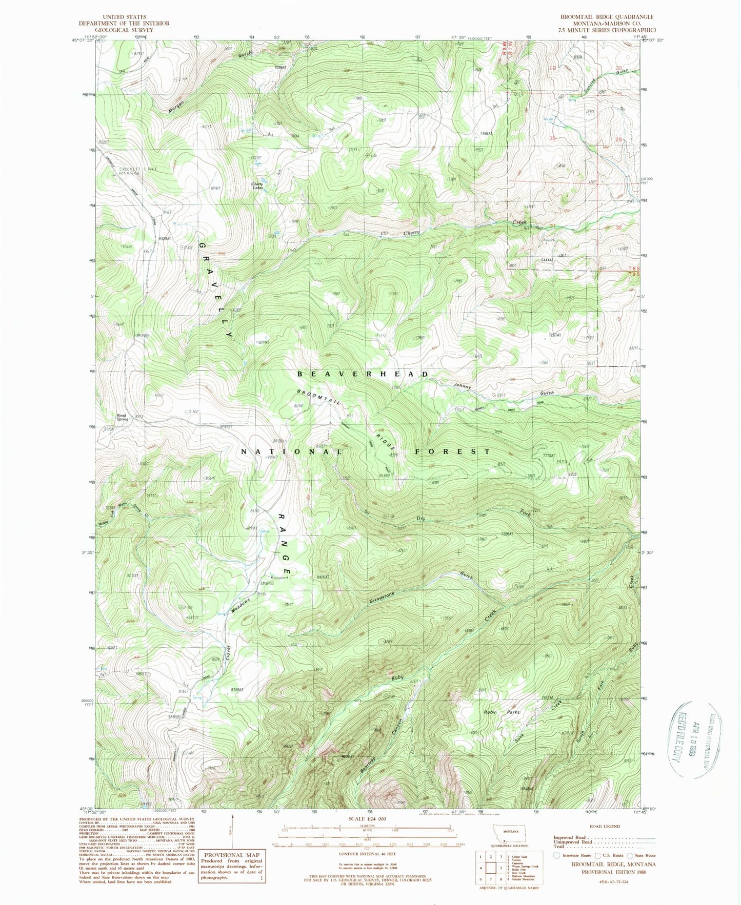 Classic USGS Broomtail Ridge Montana 7.5'x7.5' Topo Map Image