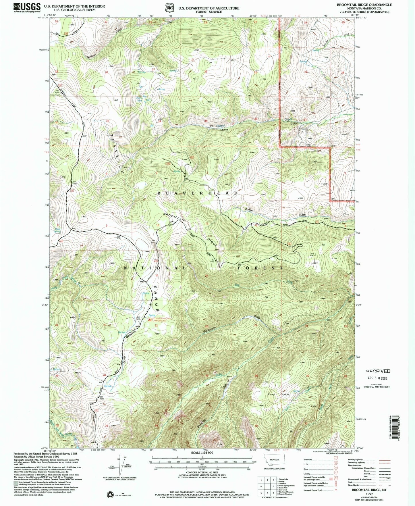 Classic USGS Broomtail Ridge Montana 7.5'x7.5' Topo Map Image