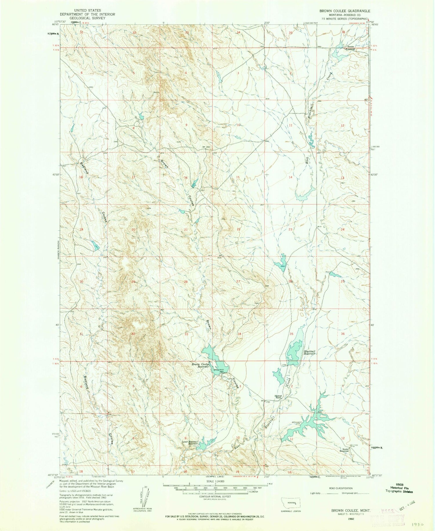 Classic USGS Brown Coulee Montana 7.5'x7.5' Topo Map Image