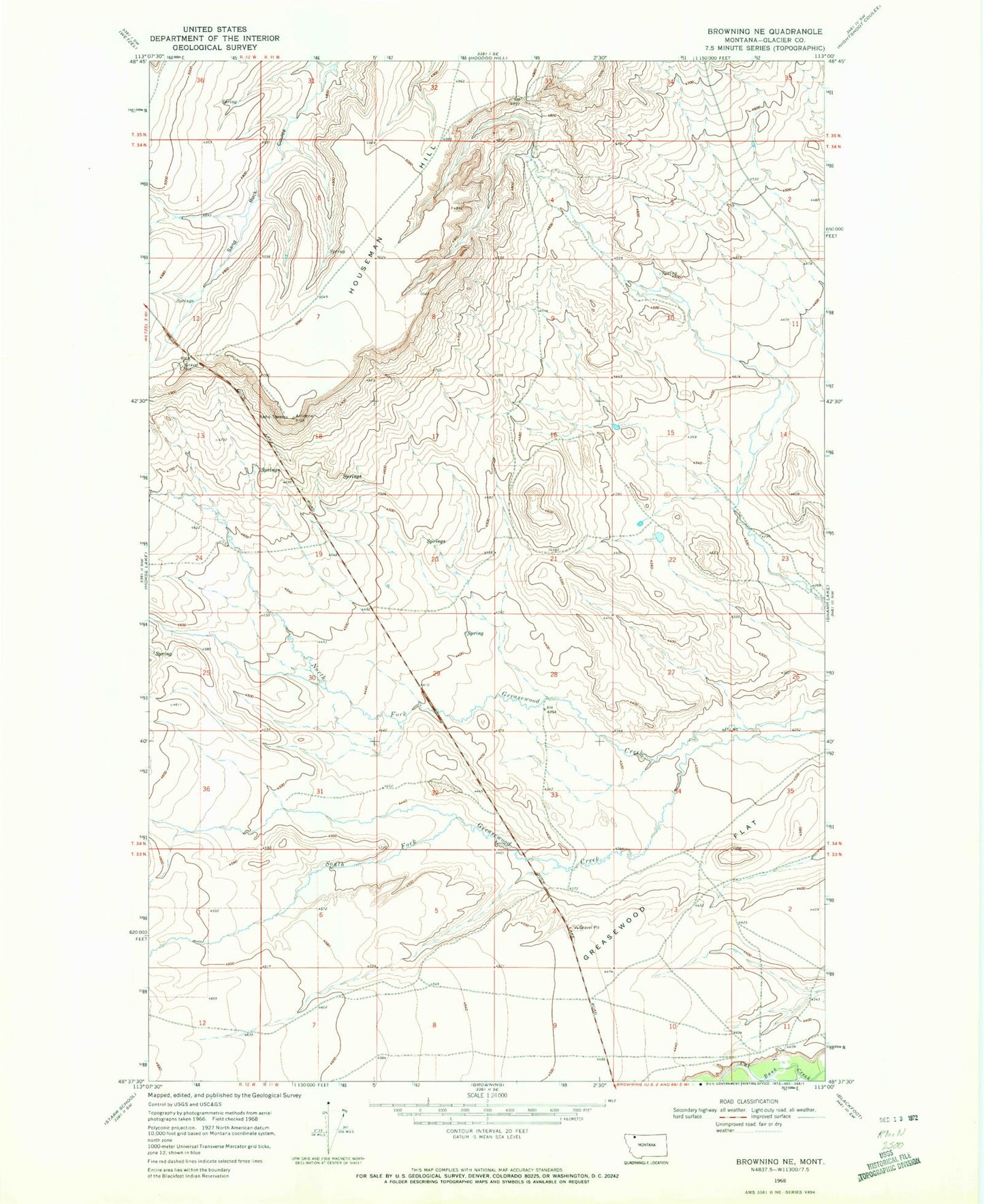 Classic USGS Browning NE Montana 7.5'x7.5' Topo Map Image