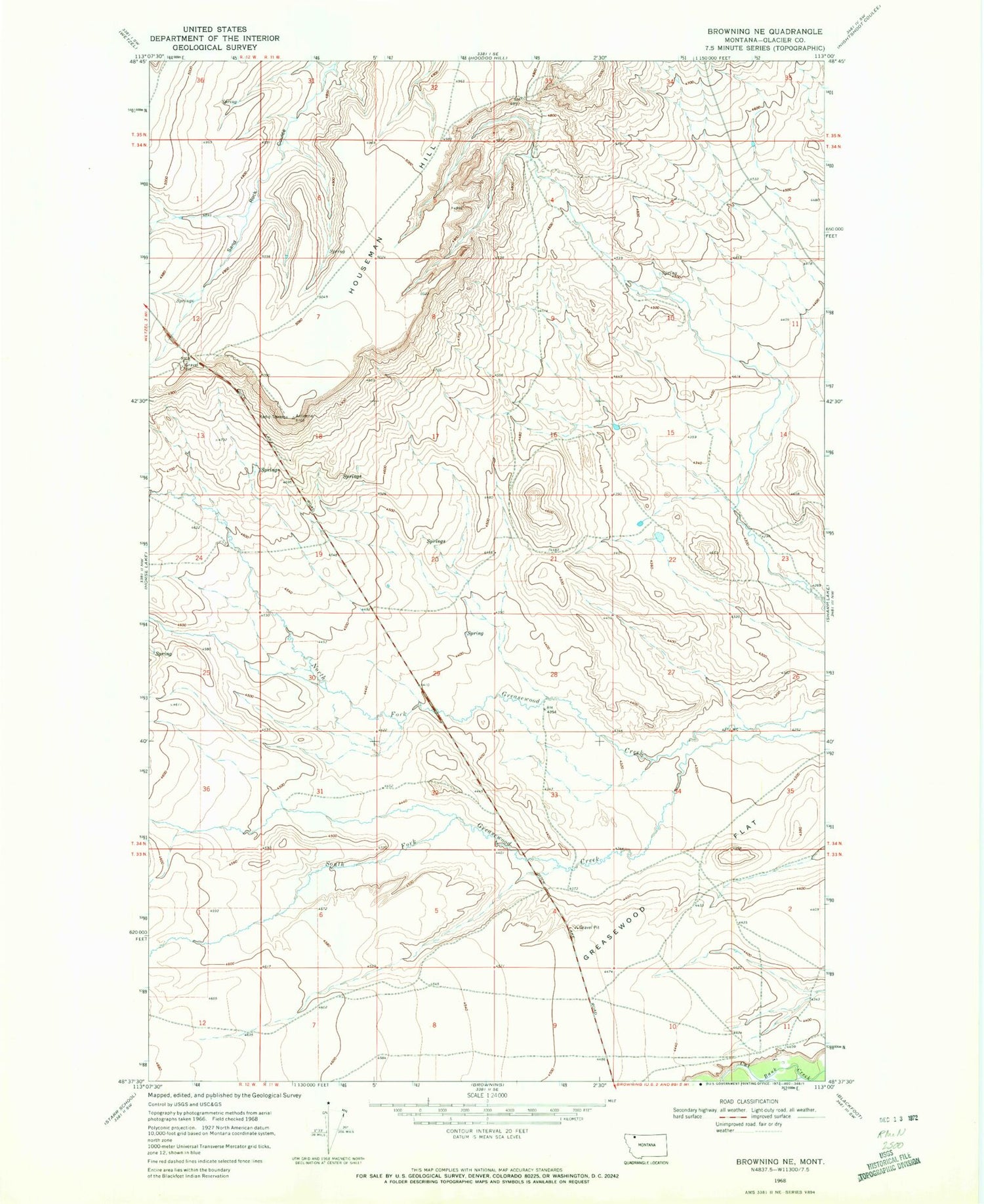 Classic USGS Browning NE Montana 7.5'x7.5' Topo Map Image