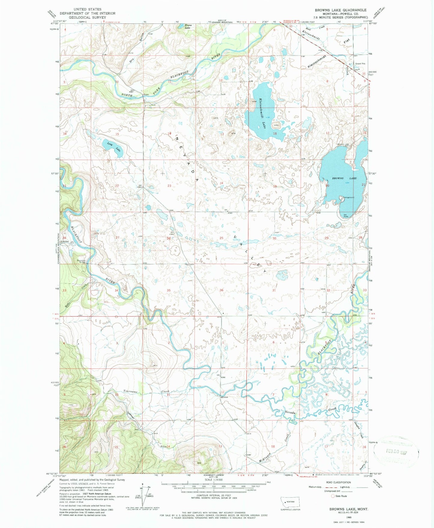 Classic USGS Browns Lake Montana 7.5'x7.5' Topo Map Image