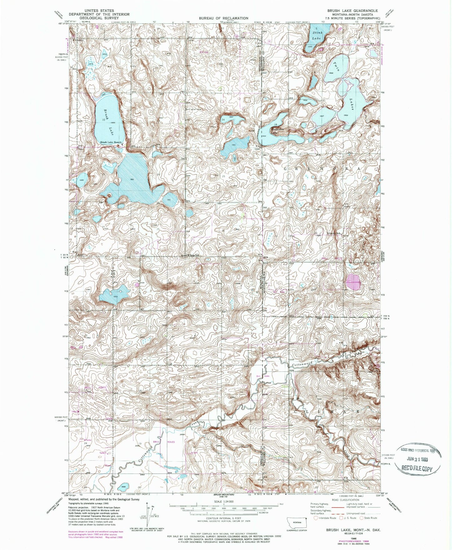 Classic USGS Brush Lake Montana 7.5'x7.5' Topo Map Image