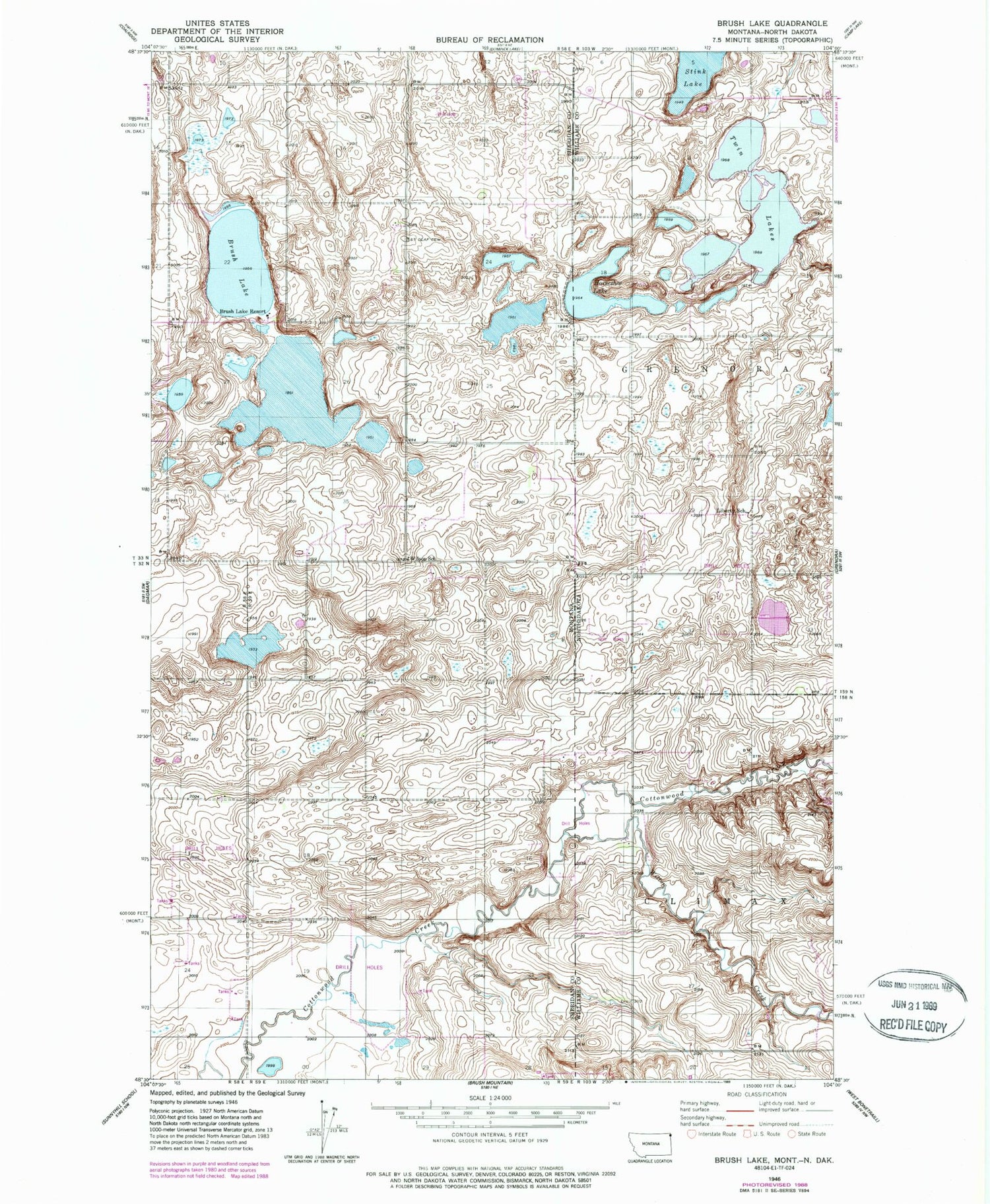 Classic USGS Brush Lake Montana 7.5'x7.5' Topo Map Image