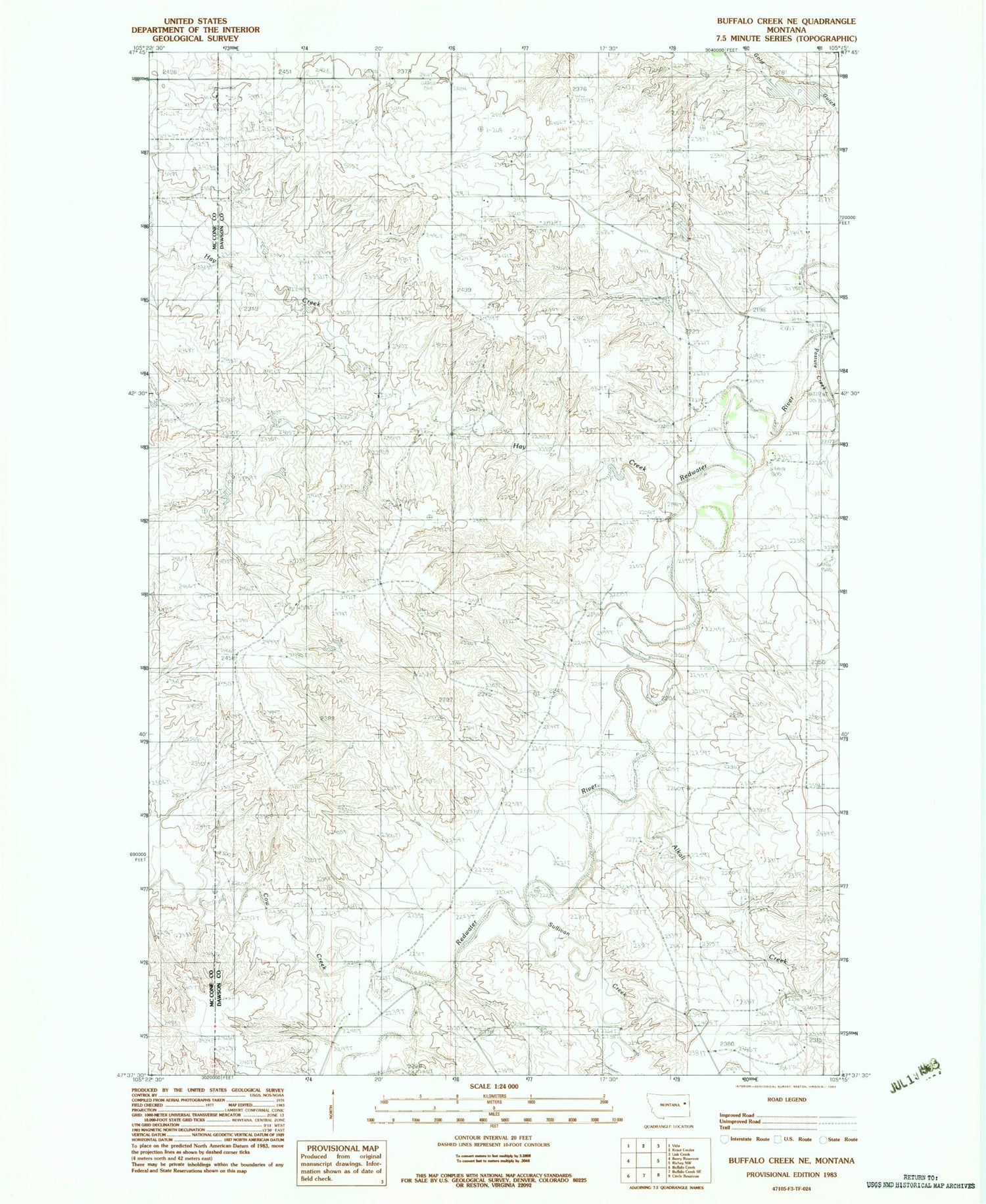 Classic USGS Buffalo Creek NE Montana 7.5'x7.5' Topo Map Image