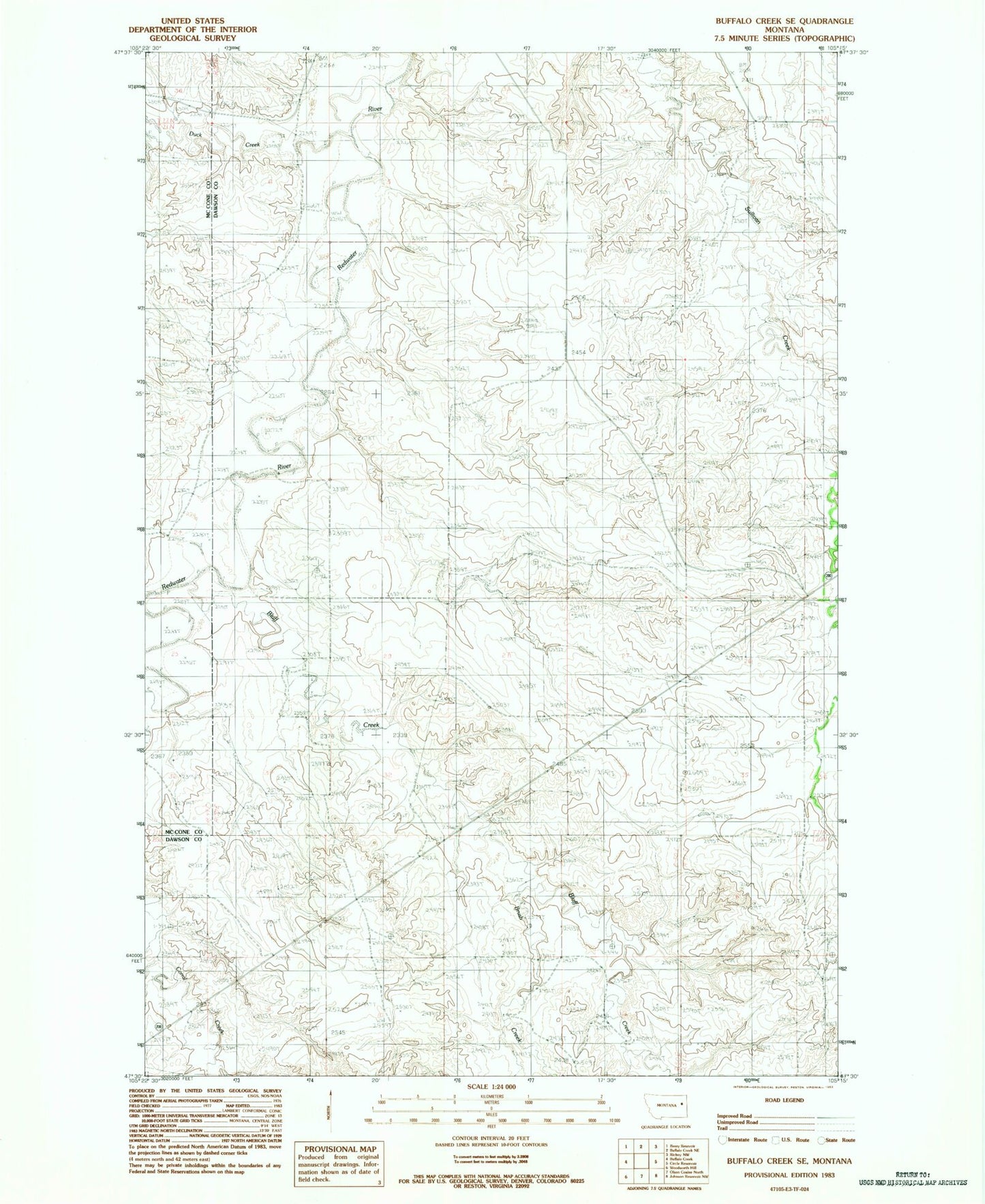 Classic USGS Buffalo Creek SE Montana 7.5'x7.5' Topo Map Image