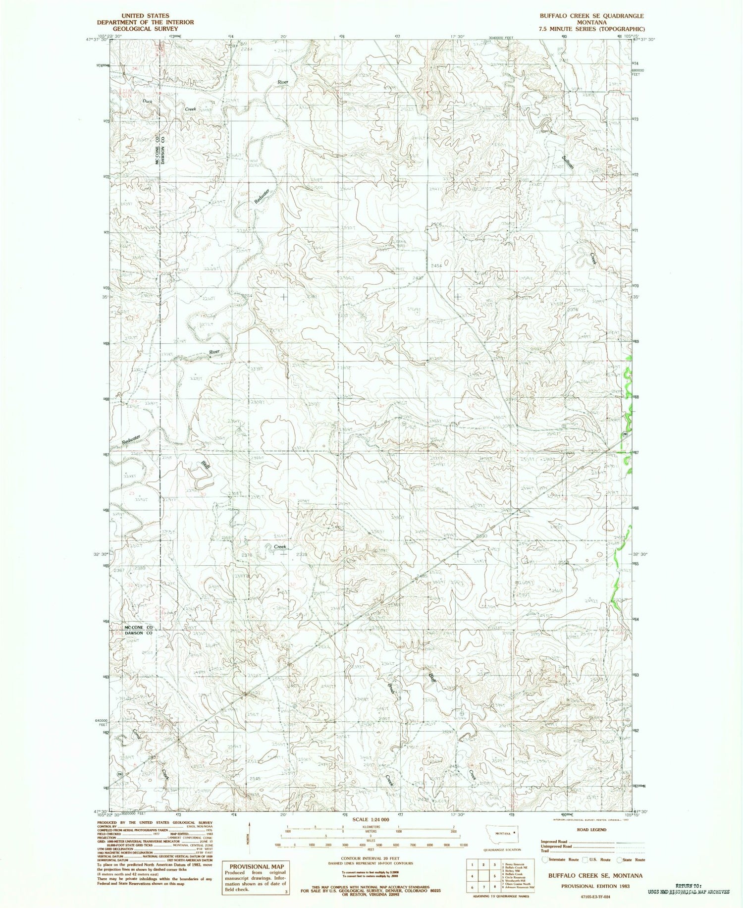 Classic USGS Buffalo Creek SE Montana 7.5'x7.5' Topo Map Image