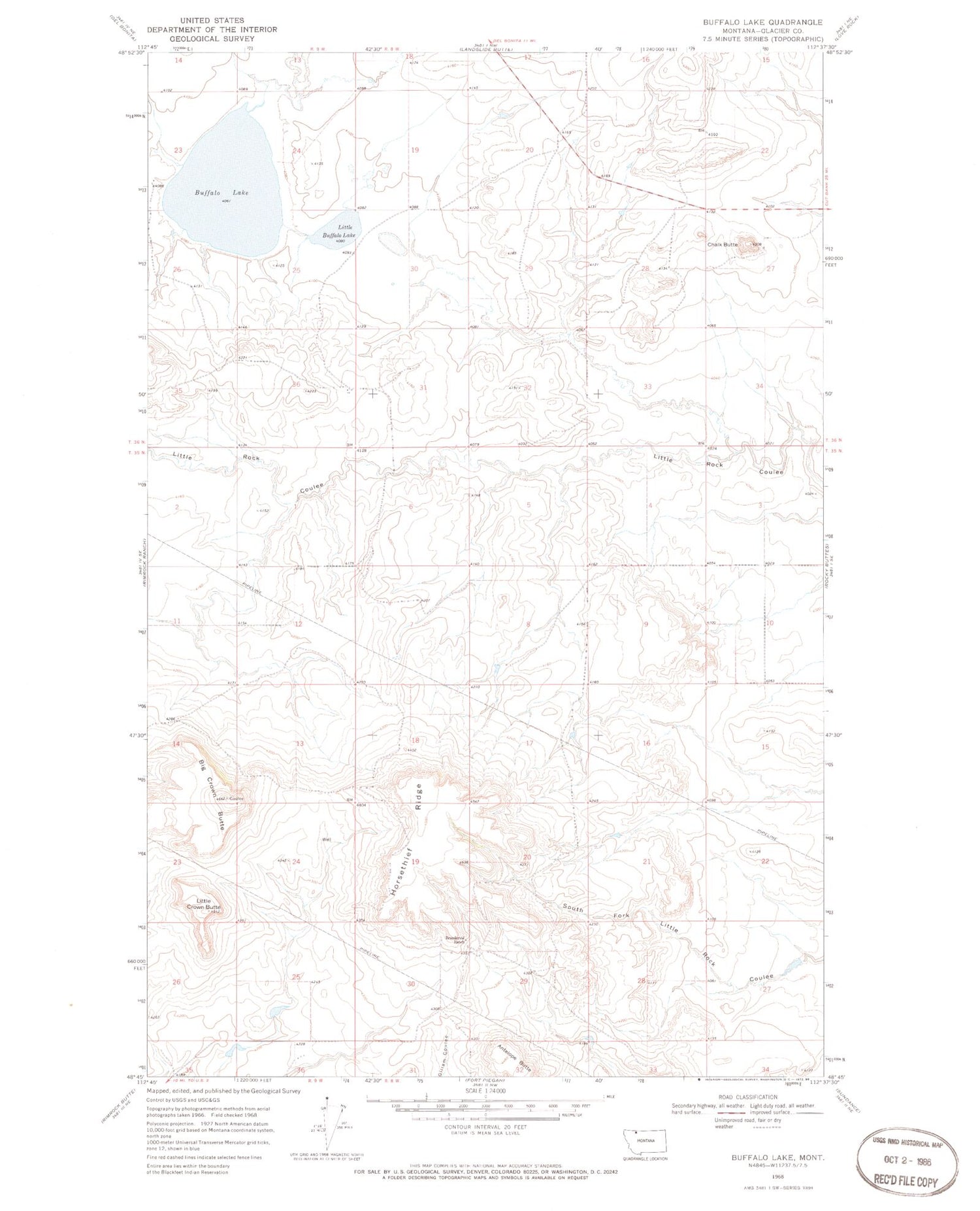 Classic USGS Buffalo Lake Montana 7.5'x7.5' Topo Map Image