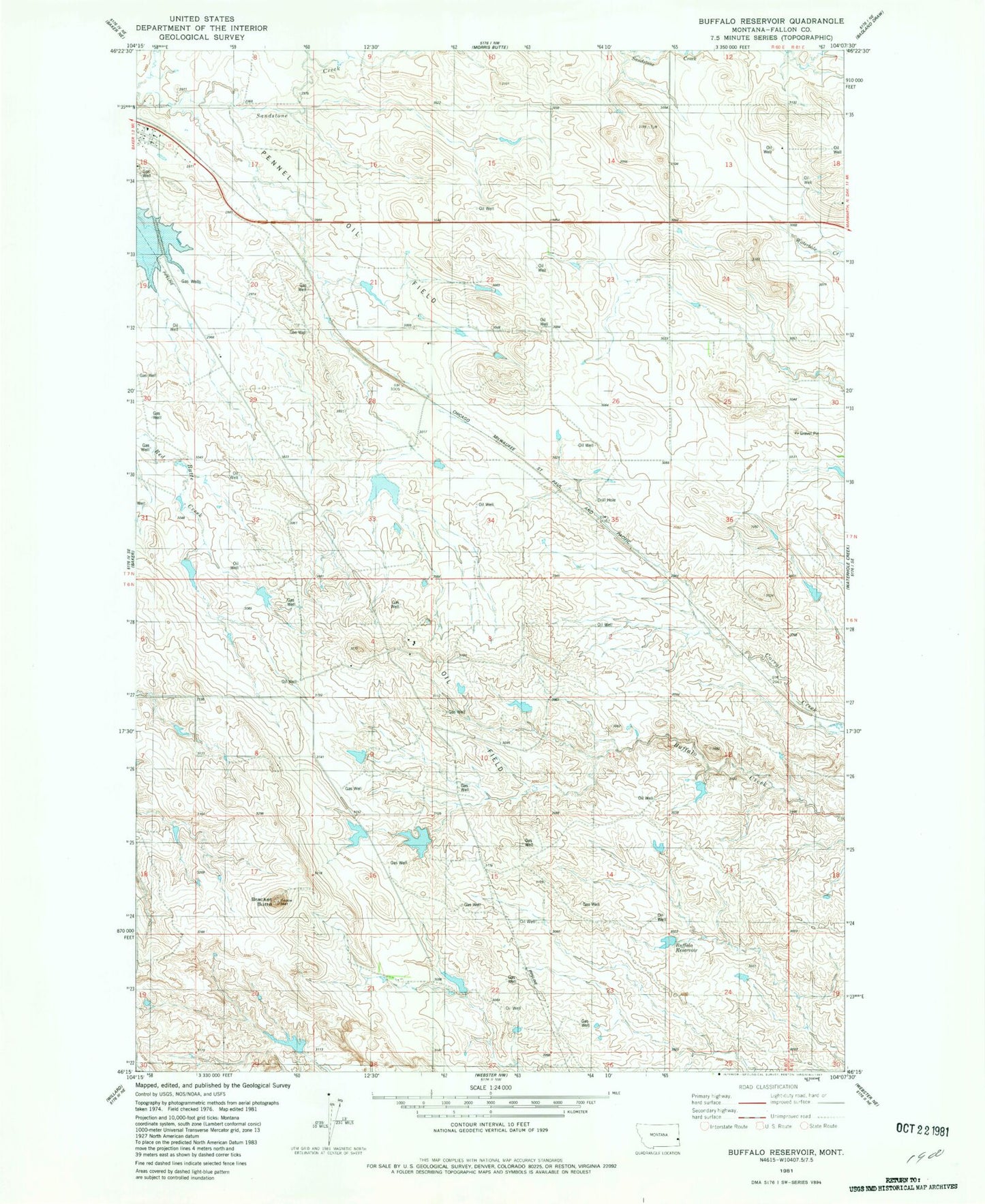 Classic USGS Buffalo Reservoir Montana 7.5'x7.5' Topo Map Image