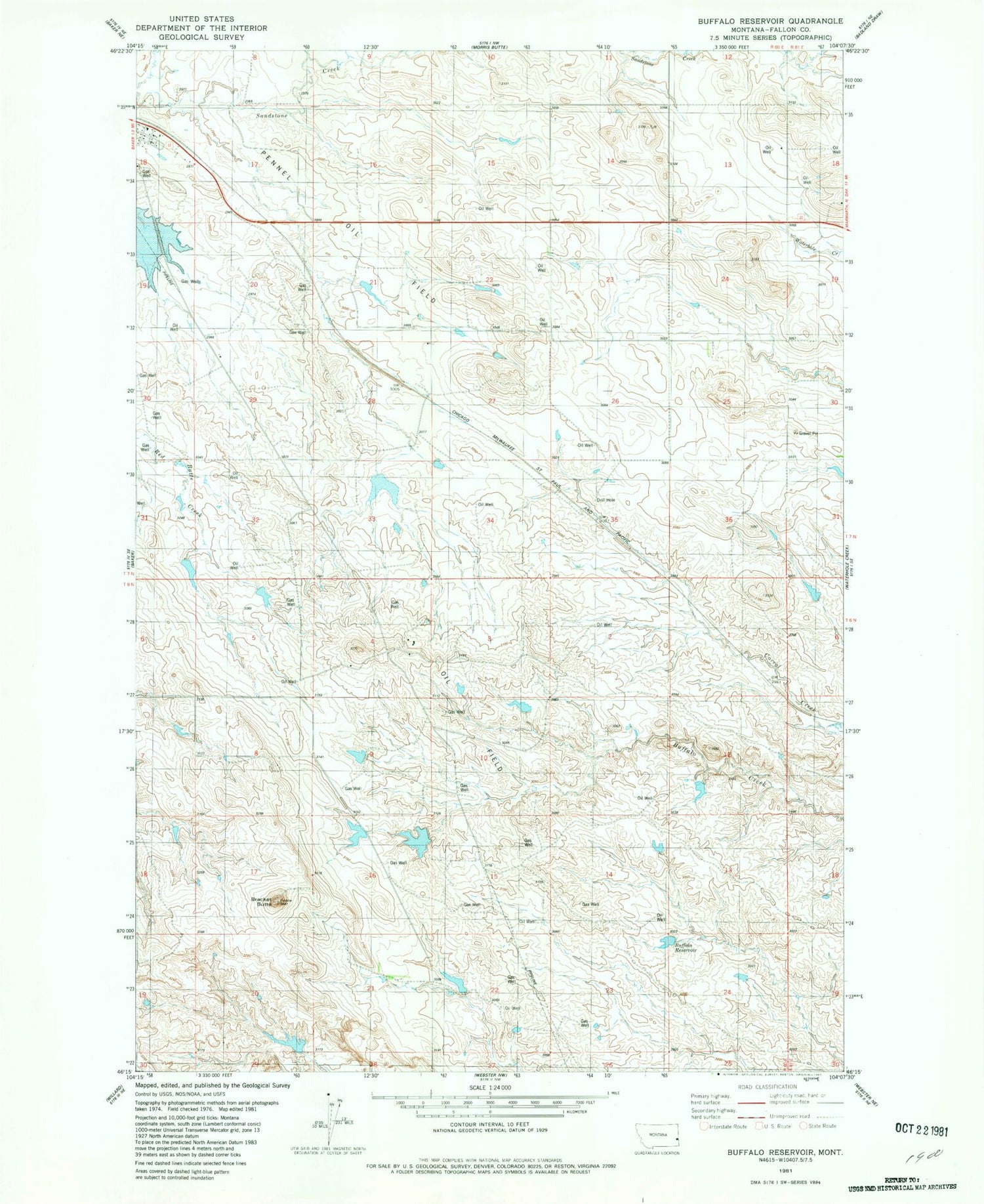Classic USGS Buffalo Reservoir Montana 7.5'x7.5' Topo Map Image