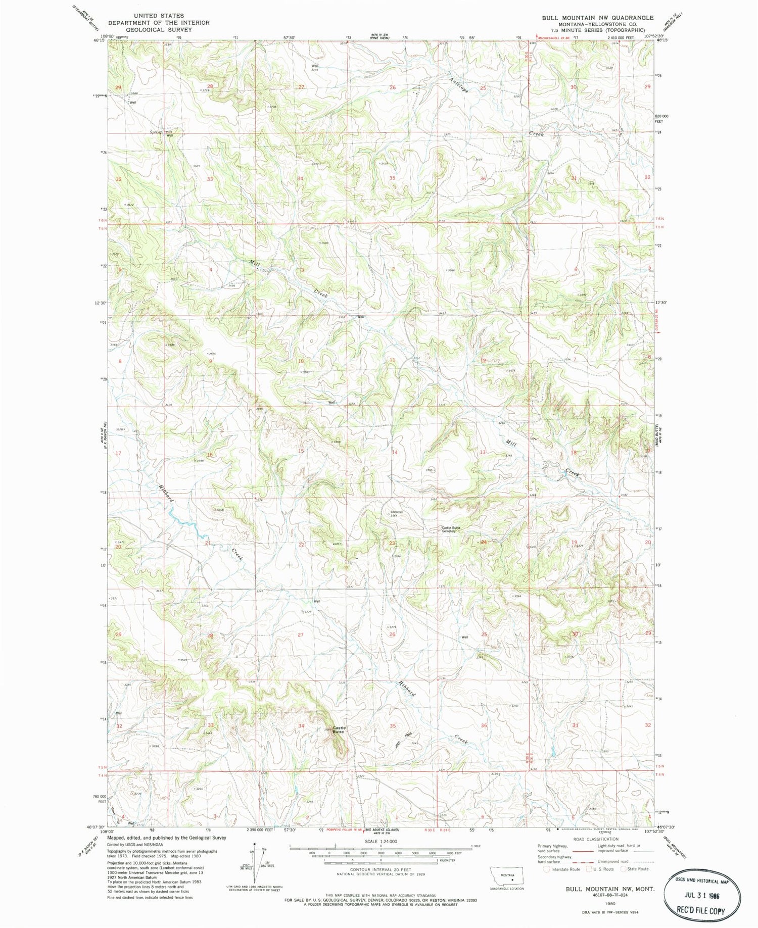 Classic USGS Bull Mountain NW Montana 7.5'x7.5' Topo Map Image