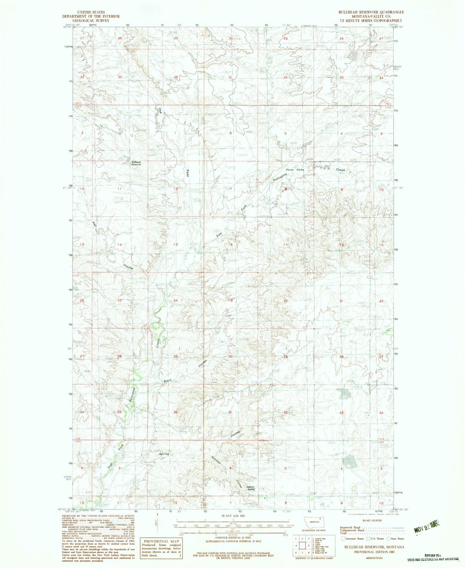 Classic USGS Bullhead Reservoir Montana 7.5'x7.5' Topo Map Image